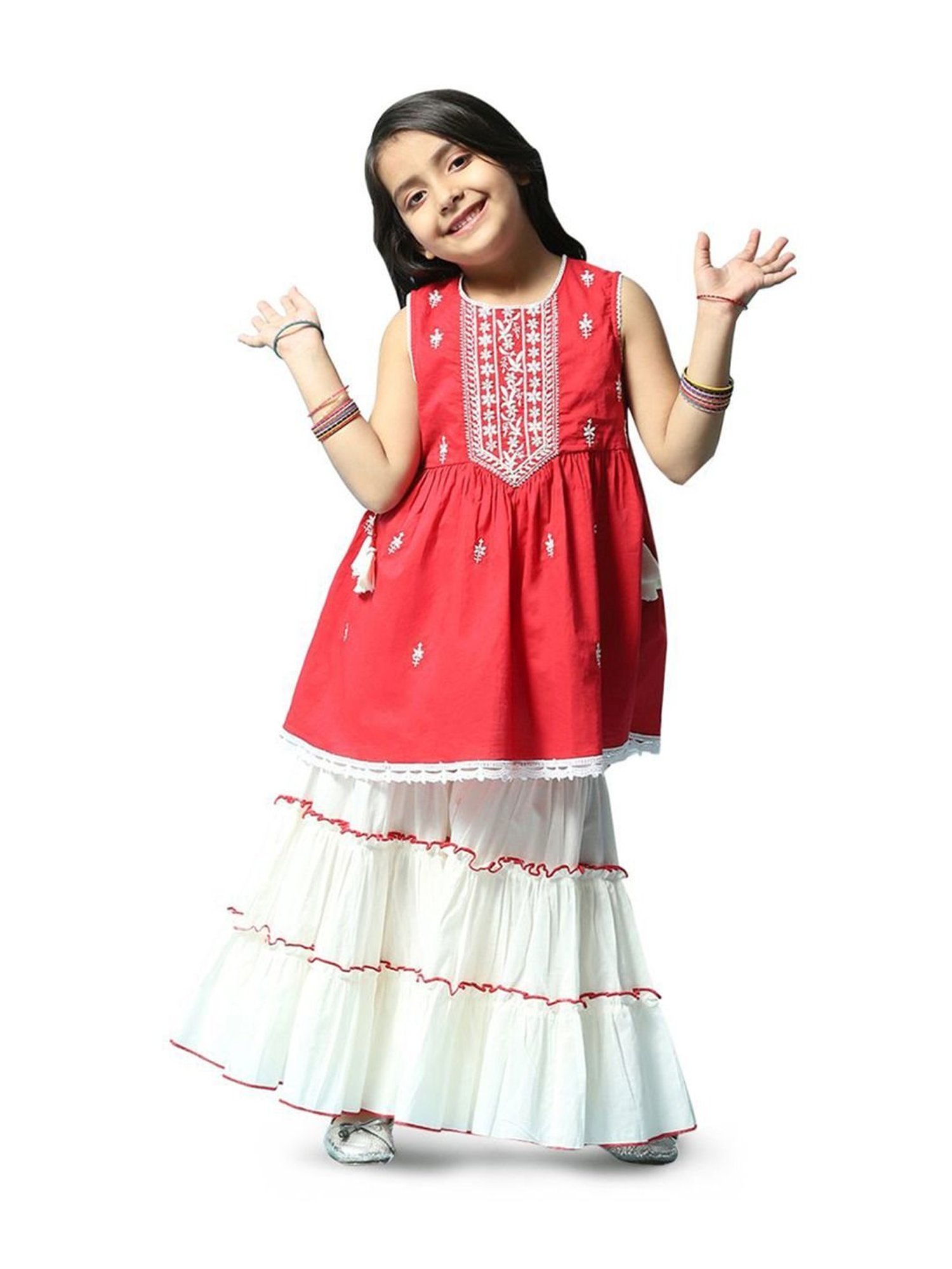 Biba Girls Red & White Cotton Embroidered Kurta Set