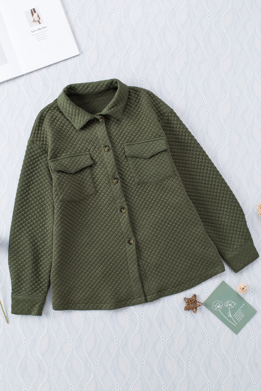 Green Lattice Texture Pockets Button Up Quilted Shacket