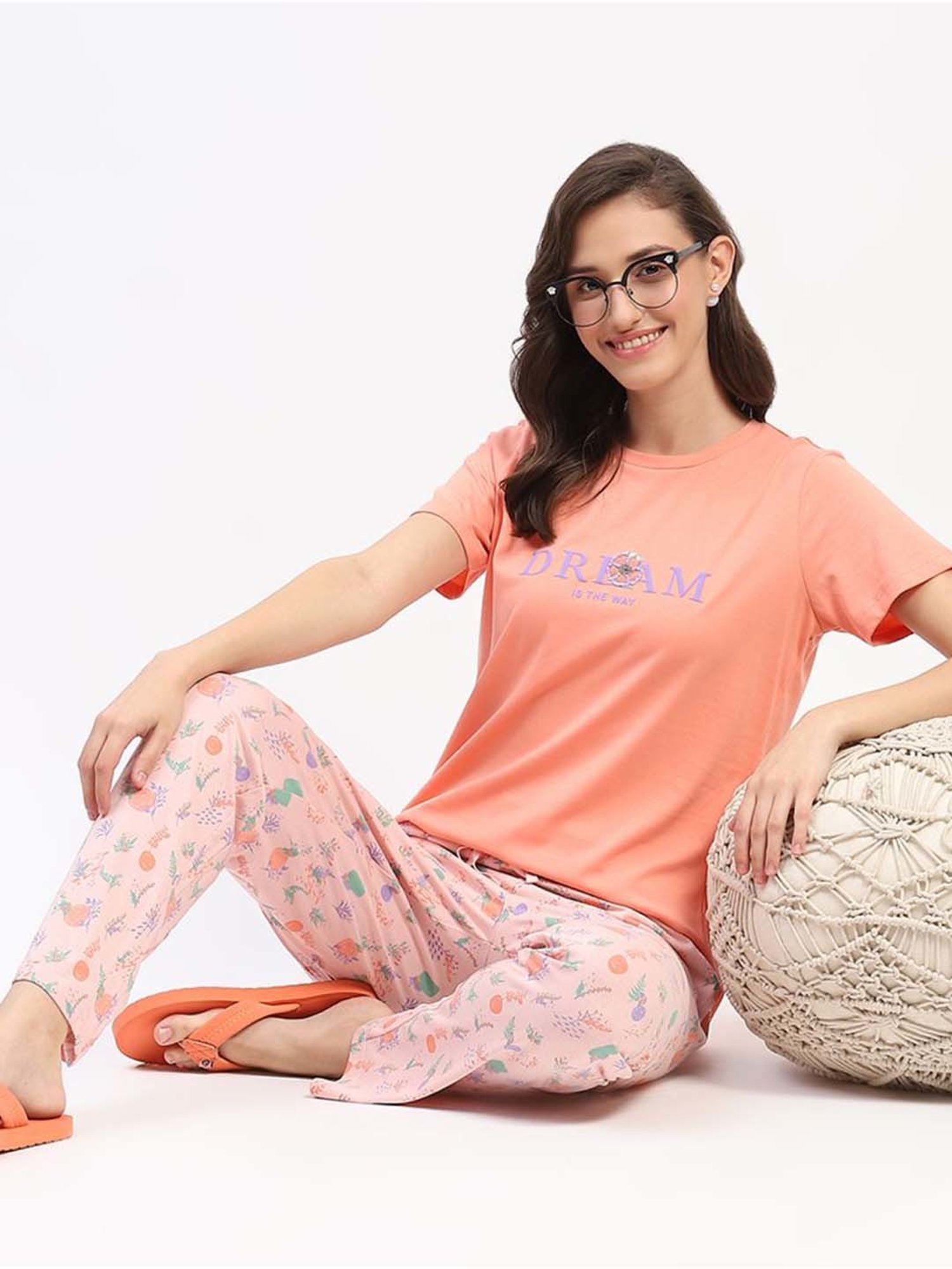 MADAME M Secret Peach Cotton Printed T-Shirt Pyjamas Set