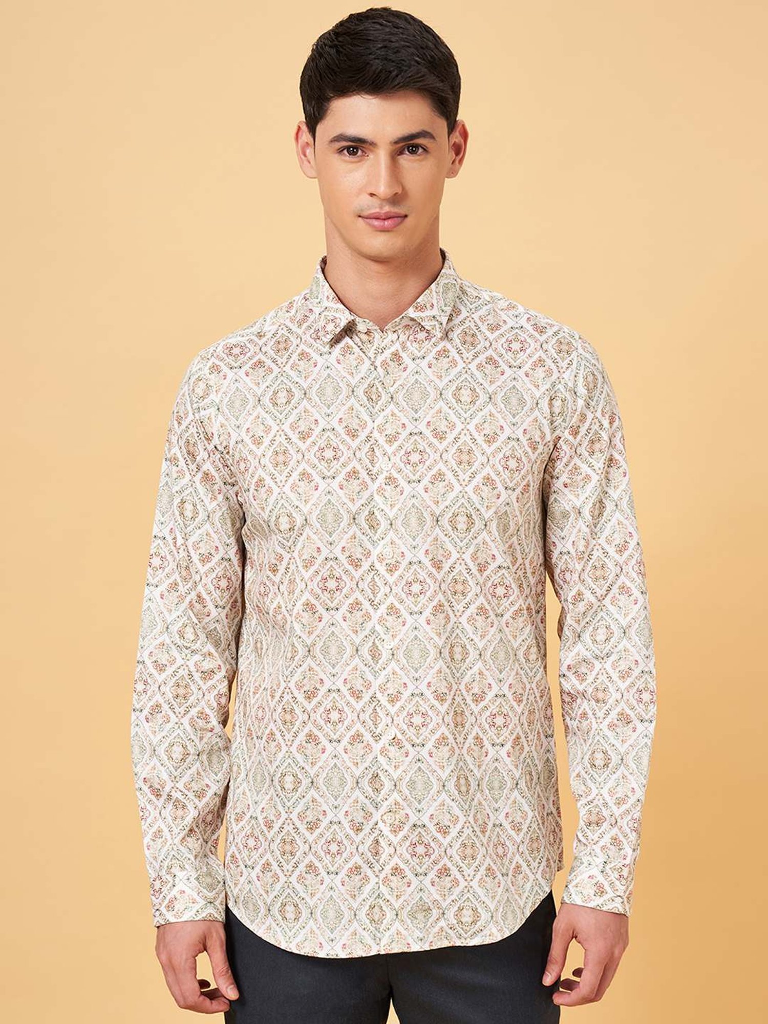 Peregrine By Pantaloons Cloud Cream Slim Fit Printed Shirt