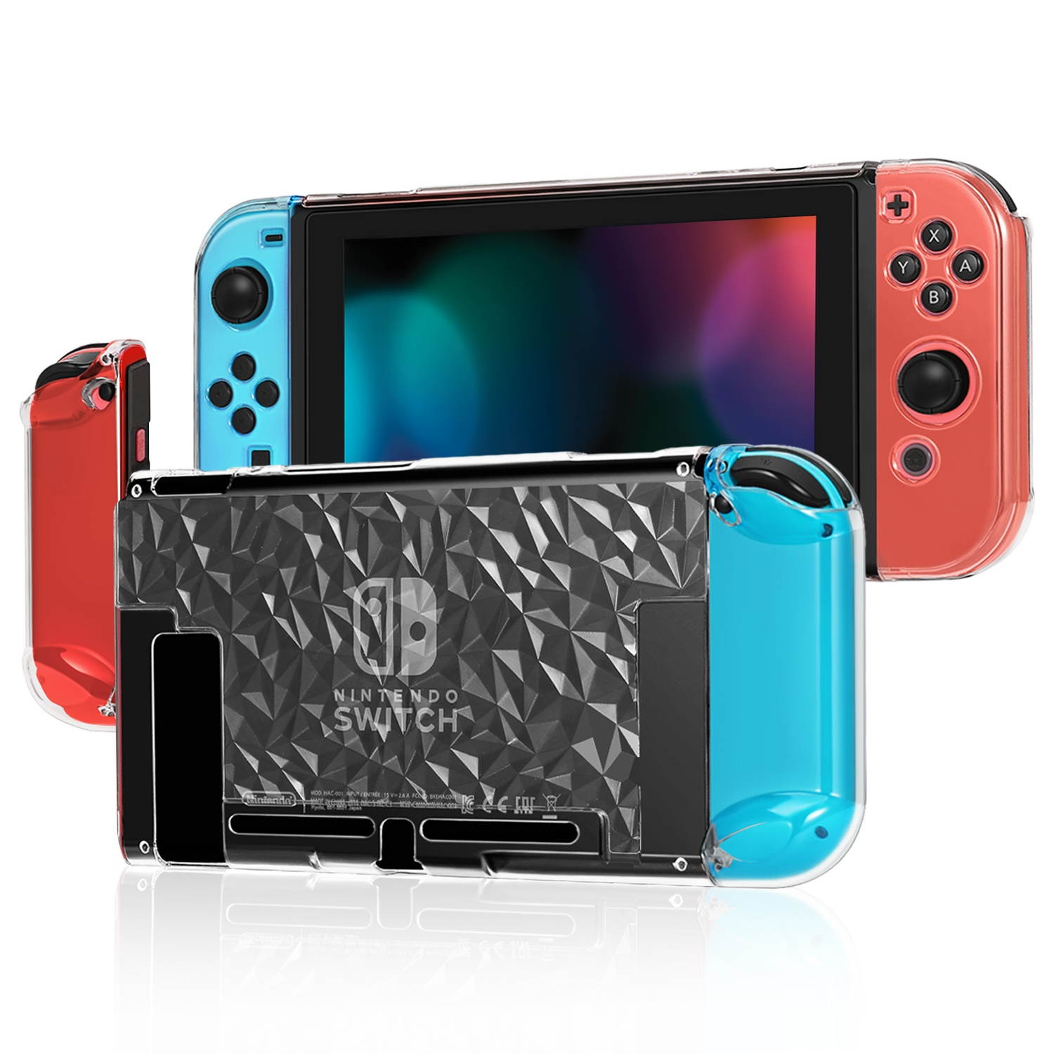 Dockable Case Cover for Nintendo Switch Console and Joy-Con Controller - Set with 6Pcs Thumb Thumbstick Cap Accessories, Plastic Hard Protective Shell, Anti-Scratch Shockproof (Clear Diamond)