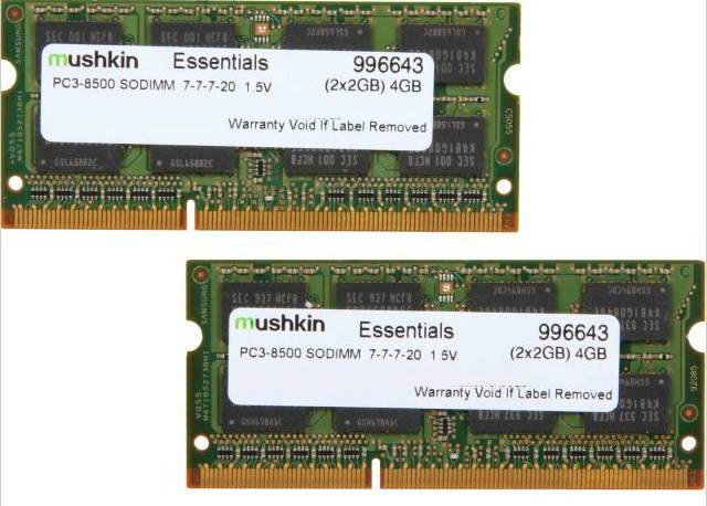Mushkin Enhanced 4GB (2 x 2GB) Essentials DDR3 PC3-8500 1066MHz 204-Pin Laptop Memory Model 996643