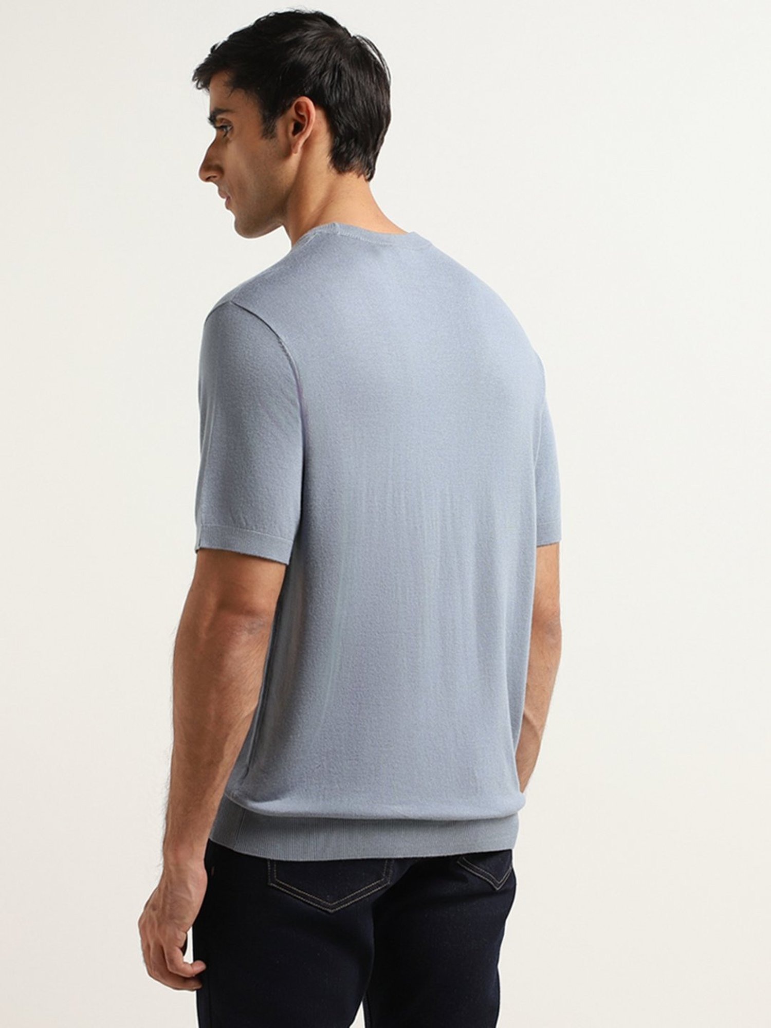 WES Formals by Westside Solid Blue Knitted Slim Fit T-Shirt