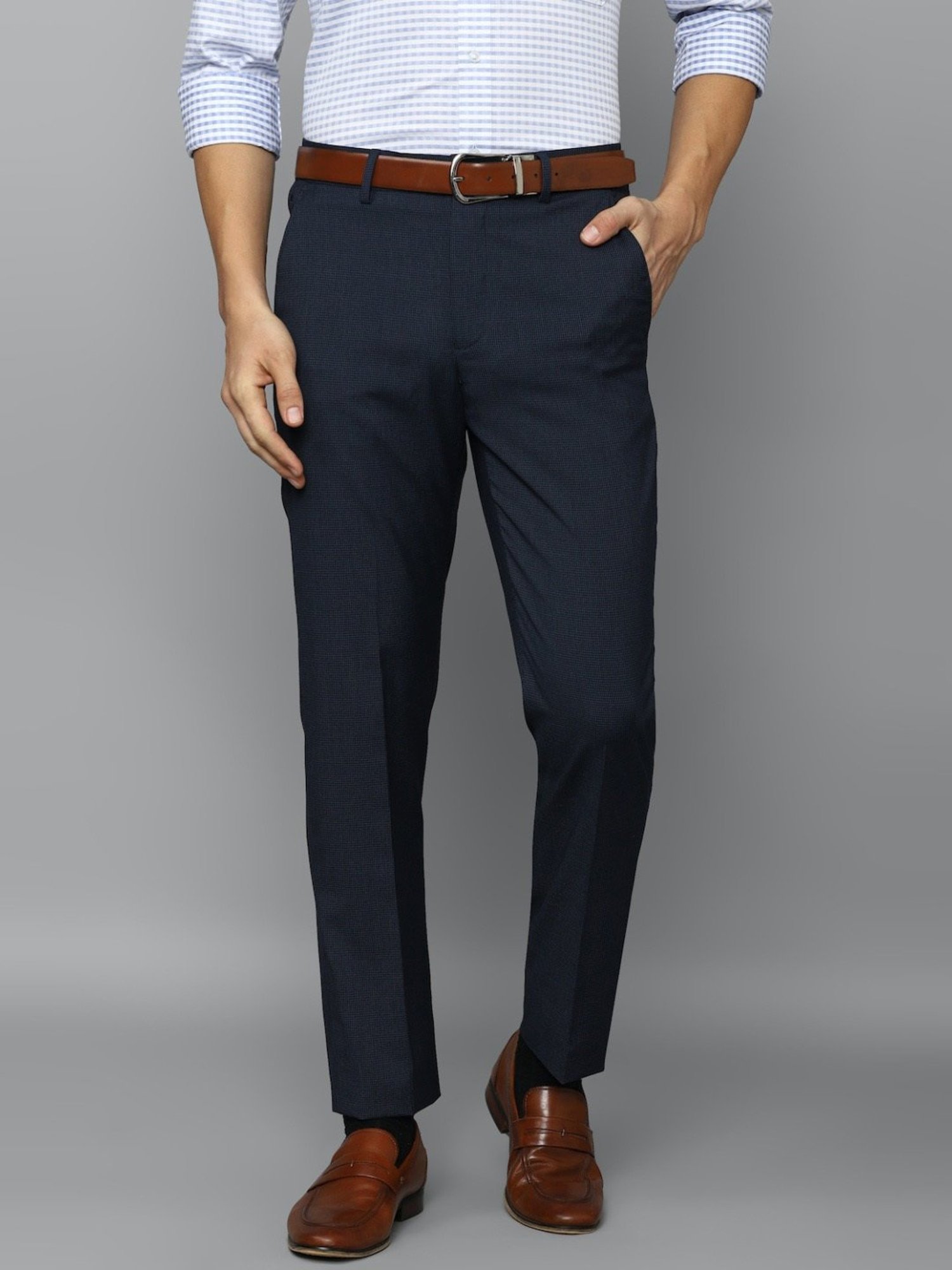 Louis Philippe Navy Slim Fit Self Pattern Trousers