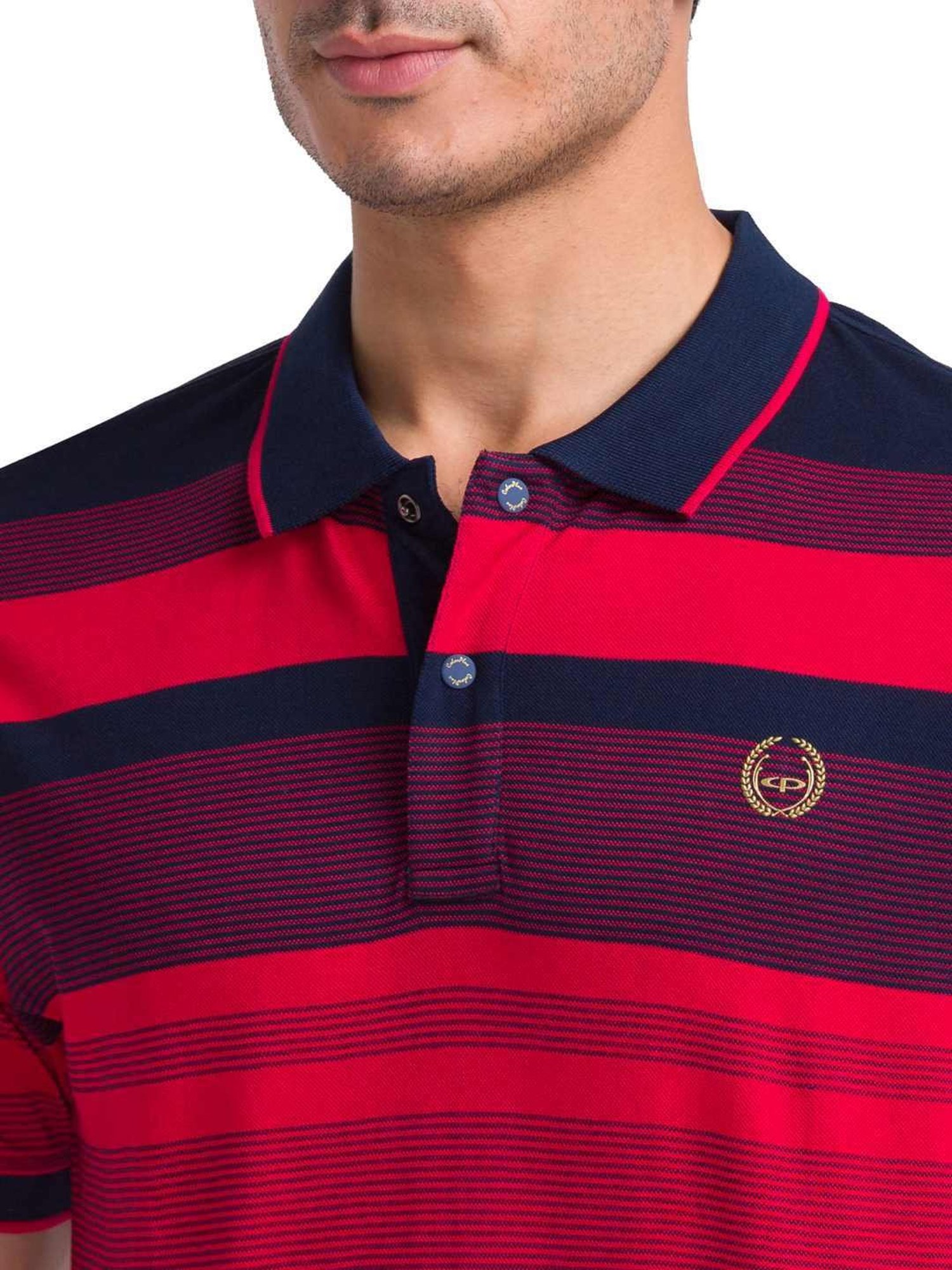 ColorPlus Red Cotton Tailored Fit Striped Polo T-Shirt