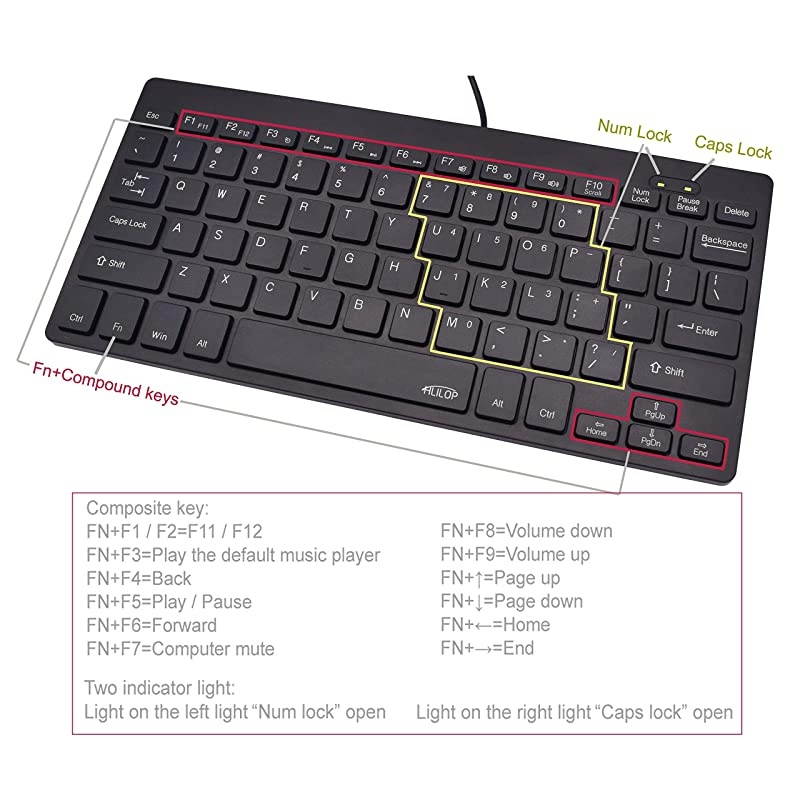 Small Keyboard Thin Slim Portable 78 Wired Laser US English Layout Black for Laptop PC