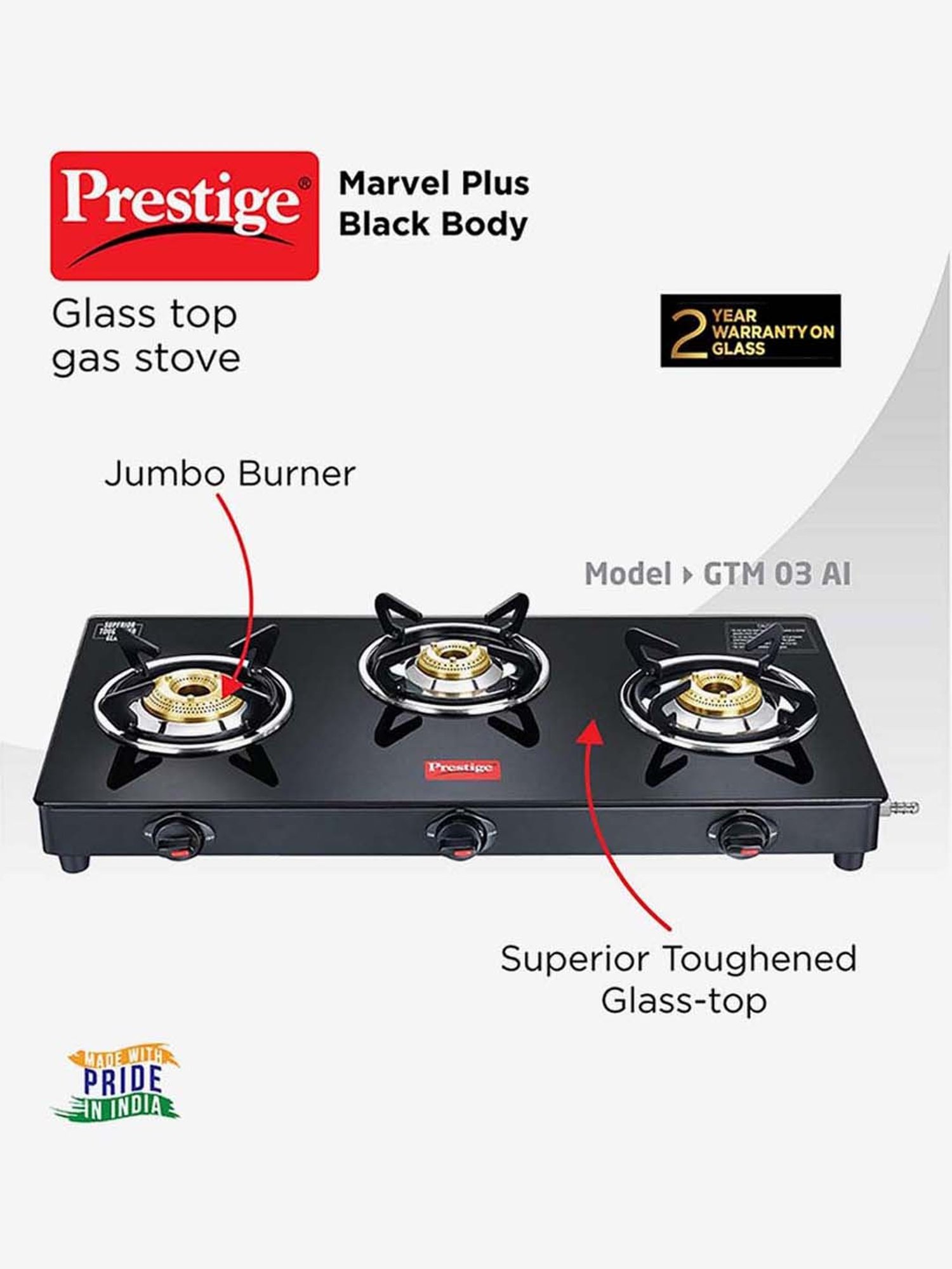 Pigeon Blackline Smart Black Glass Manual Gas Stove (2 Burners)