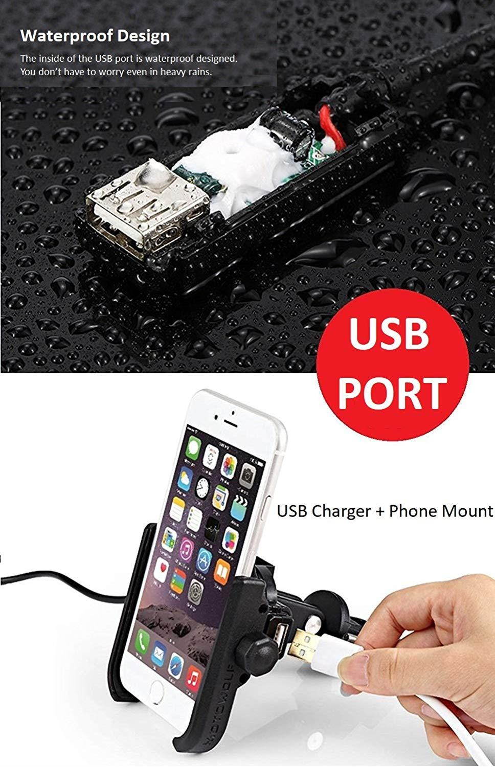 NikoMaku Motorcycle Phone Holder Phone Mount 5V 2A USB Port Metal Aluminum Alloy Handlebar Holder 360&deg; Adjustable Compatible 4-6.8 inch Mobile Phone, iPhone Samsung BlackBerry etc.