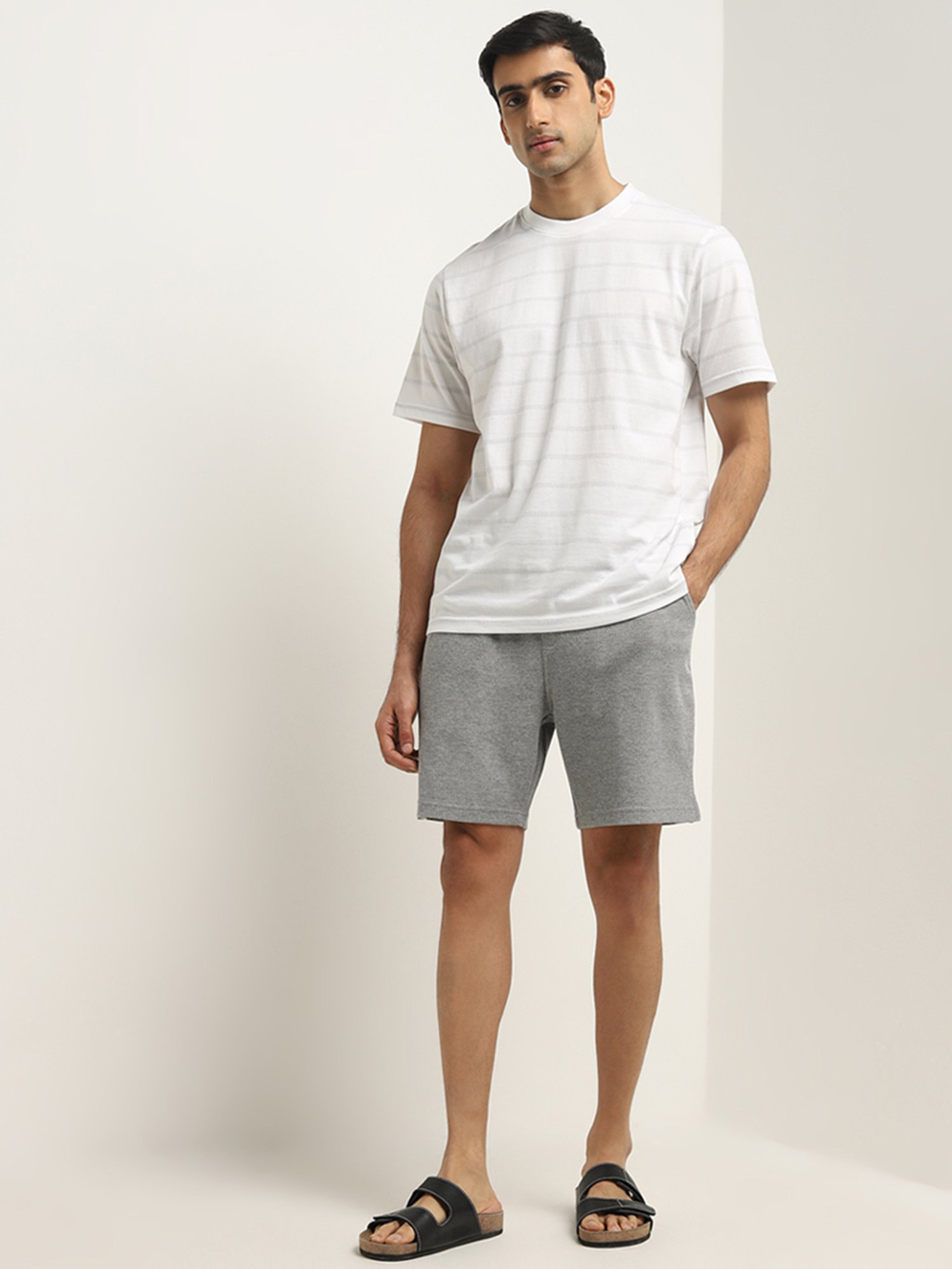 WES Lounge by Westside Grey Textured Relaxed-Fit Mid-Rise Shorts