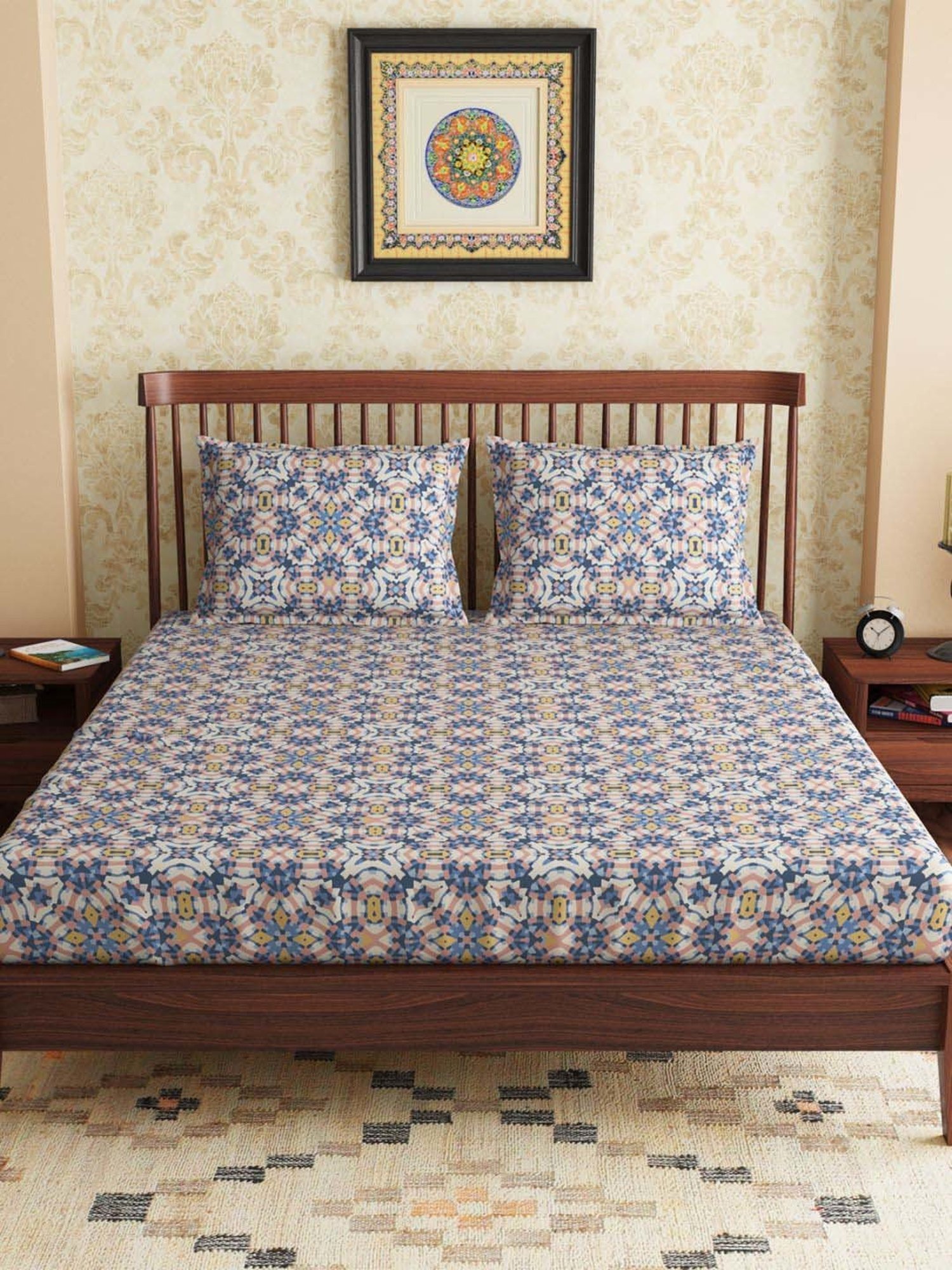 Petal Home Alhambra Blue & Beige Cotton 300 TC Queen Bedsheet with 2 Pillow Covers