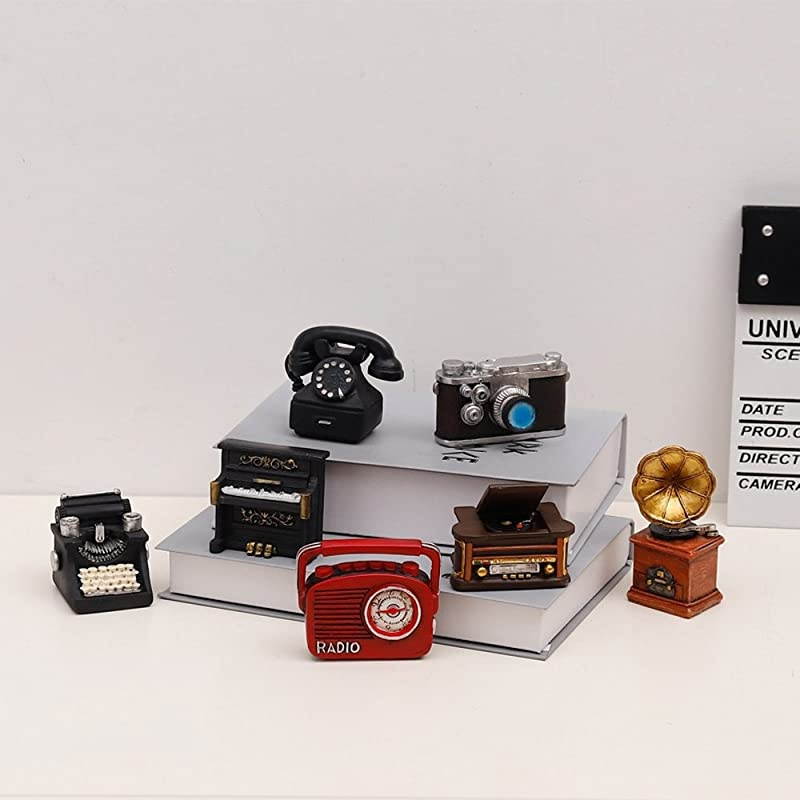 of 7 Creative Retro European Resin Figurin for Home Cafe Bar Window Decoration Children Toys and Gift (Incluing Telephones Typewriter Camera Piano Phonograph Radio and Sound Player)
