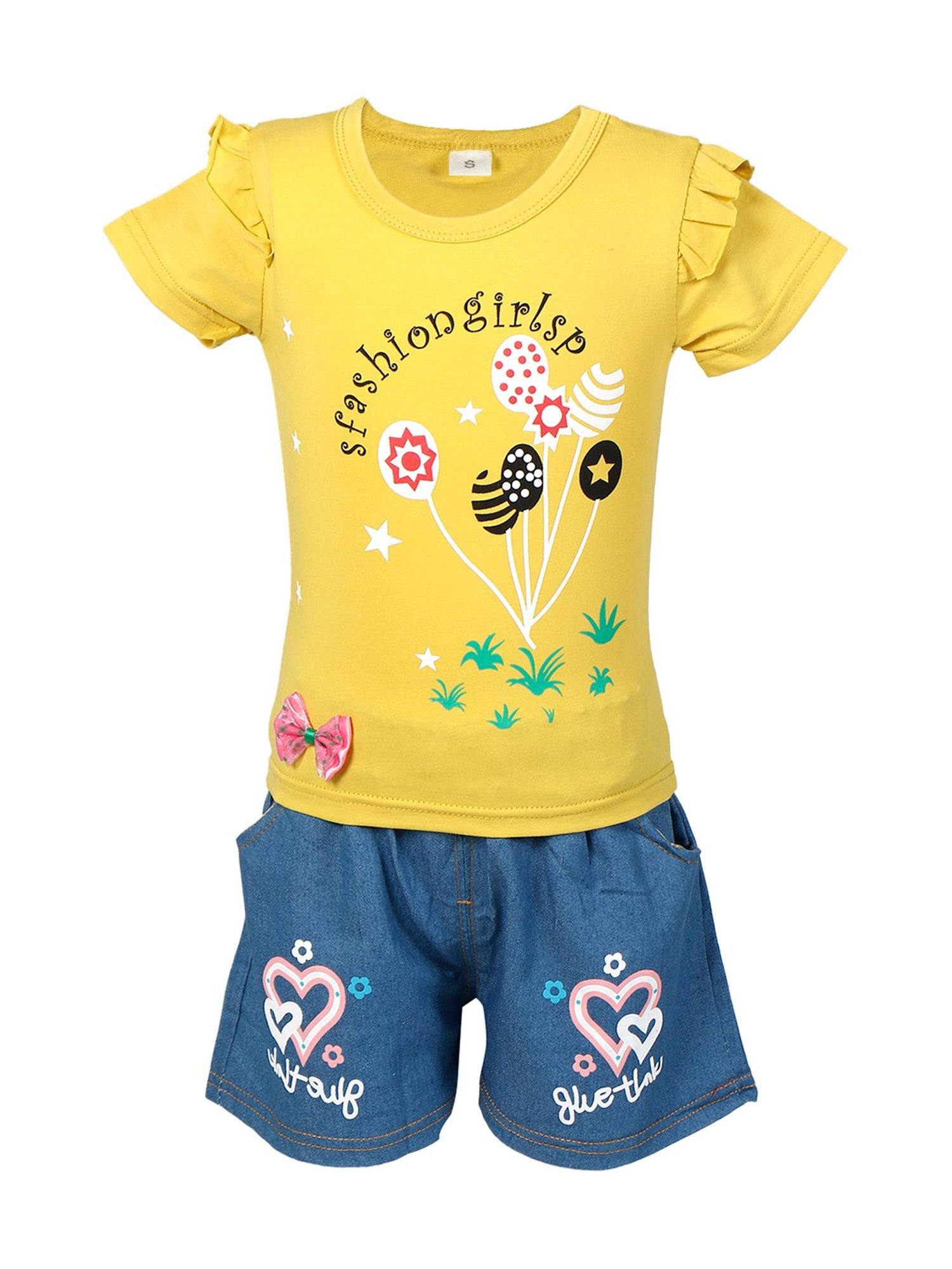 Passion Petals Kids Yellow Cotton Printed Top & Shorts