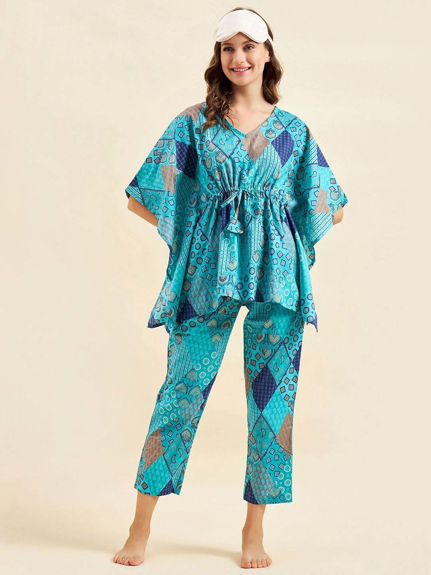 Sweet Dreams Blue Cotton Printed Kaftan Pyjama Set