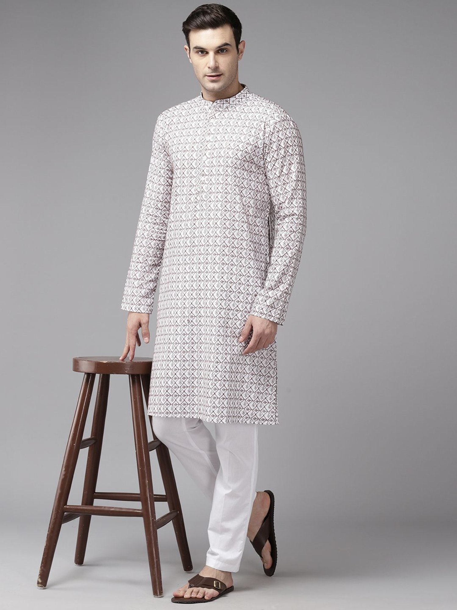 See Designs Off White Cotton Regular Fit Embroidered Kurta Bottom Set