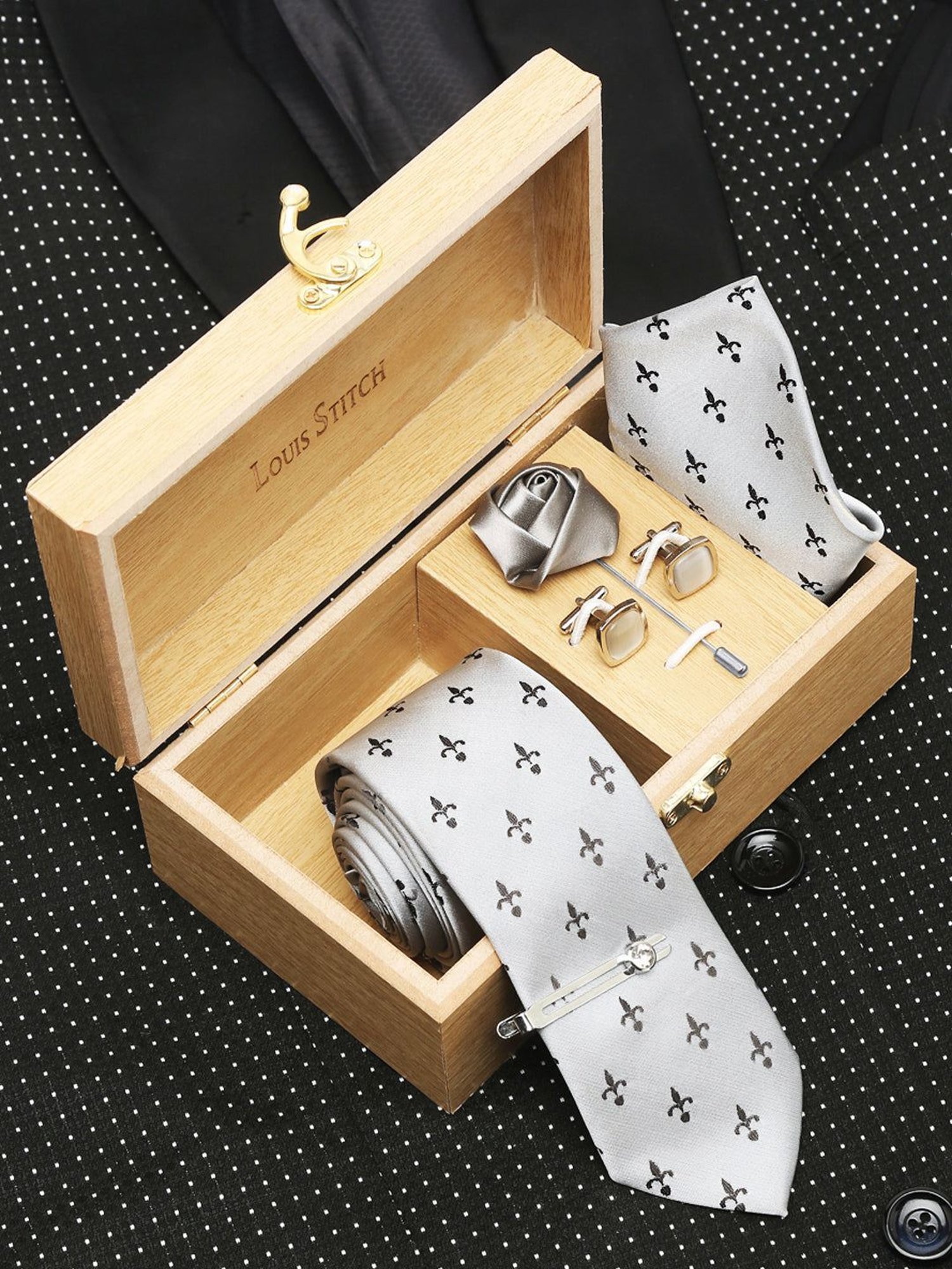 Louis Stitch Grey Printed Necktie Gift Set - Set of 5