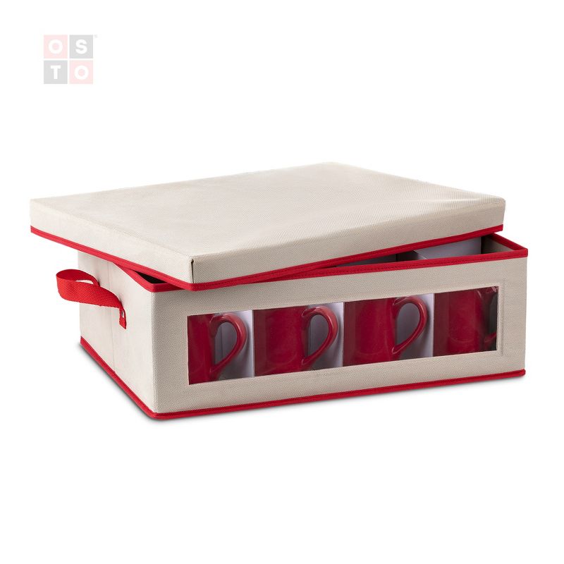 OSTO Holiday Coffee Mug Storage Box for 12 Mug Glasses, Box for Mugs Has Cardboard Insert, Lid, Clear Window, and Handgrips; Color Ivory and Red