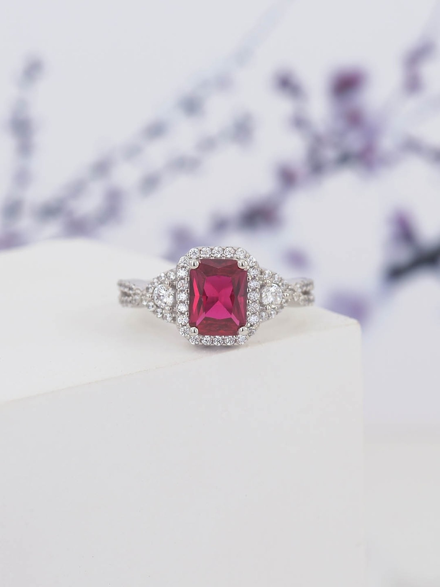 925 Silver Cushion Red Ruby and American Diamond Classic Halo Wedding Ring for Women & Girls