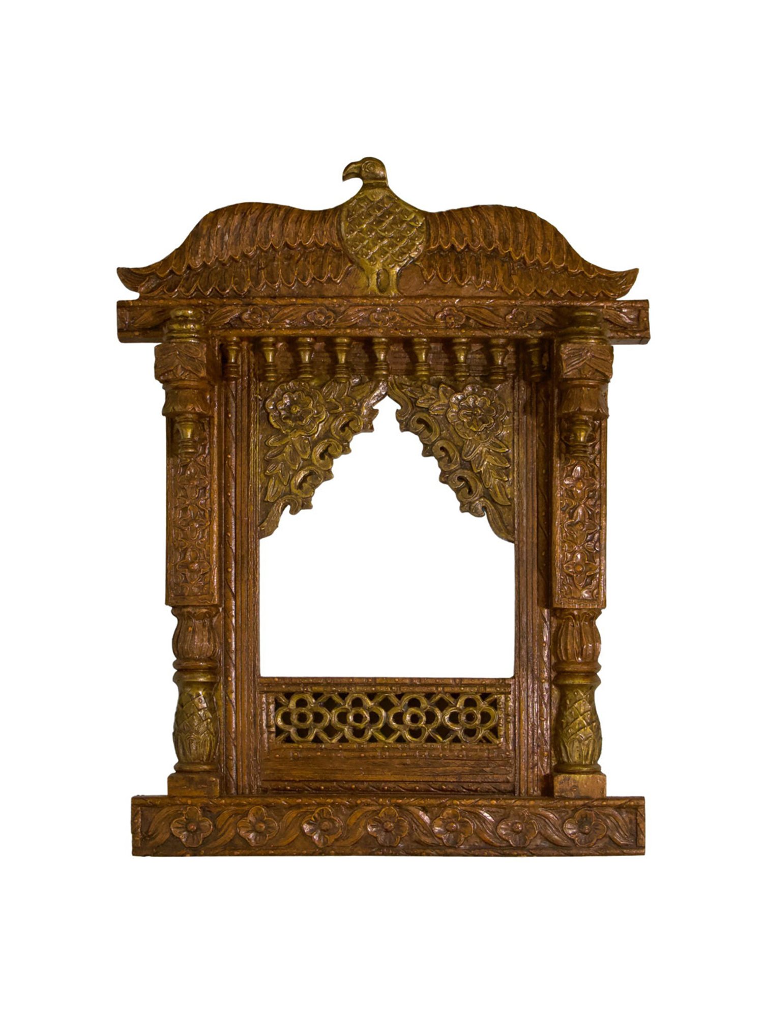 Ambi Hand Crafted Wooden Jharoka Wall Decor With A Falcon Top