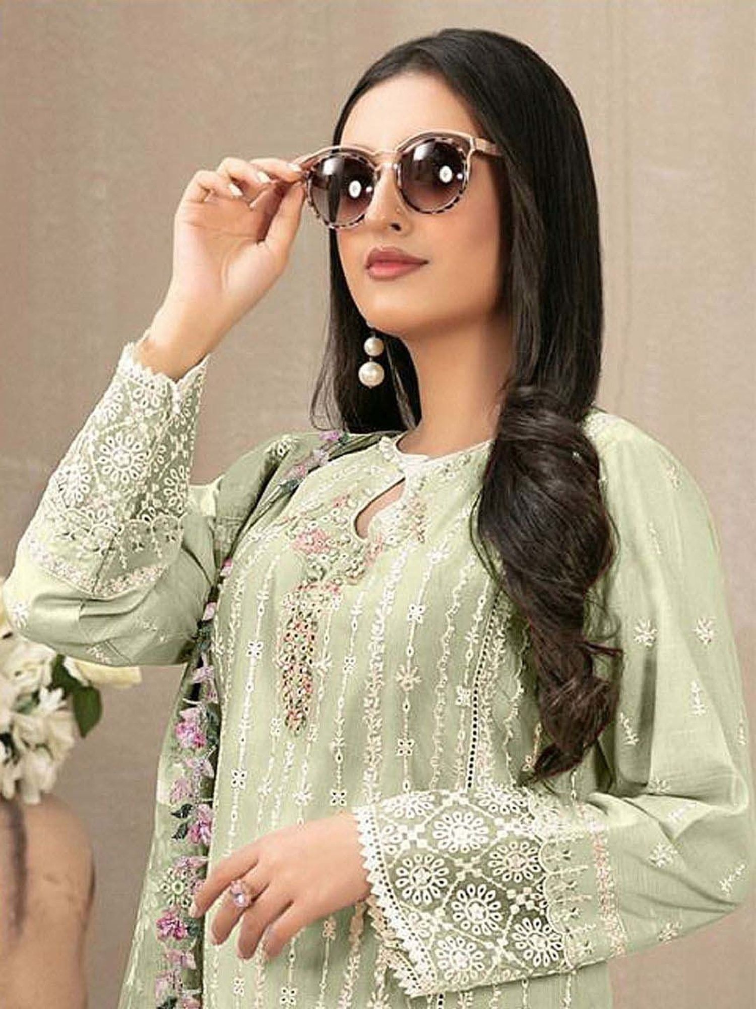 Odette Green Embroidered Semi Stitched Dress Material