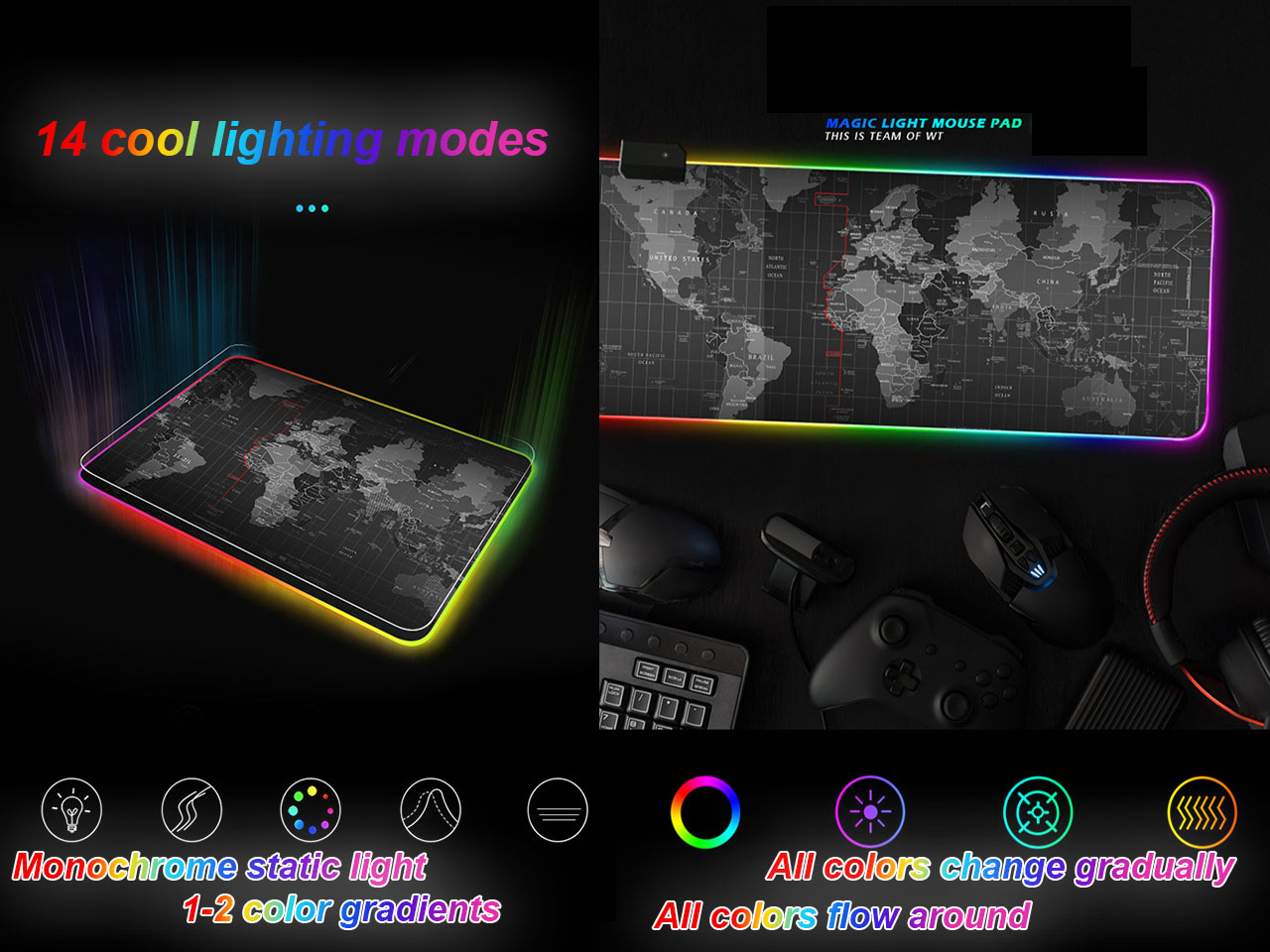 RGB Gaming Mouse Pad - Large Led Keyboard Pad, Mouse Mat with HD Map, Smoothly Waterproof Surface, Non-Slip Rubber Base, 31.5"X 11.8" & 14 Light Modes