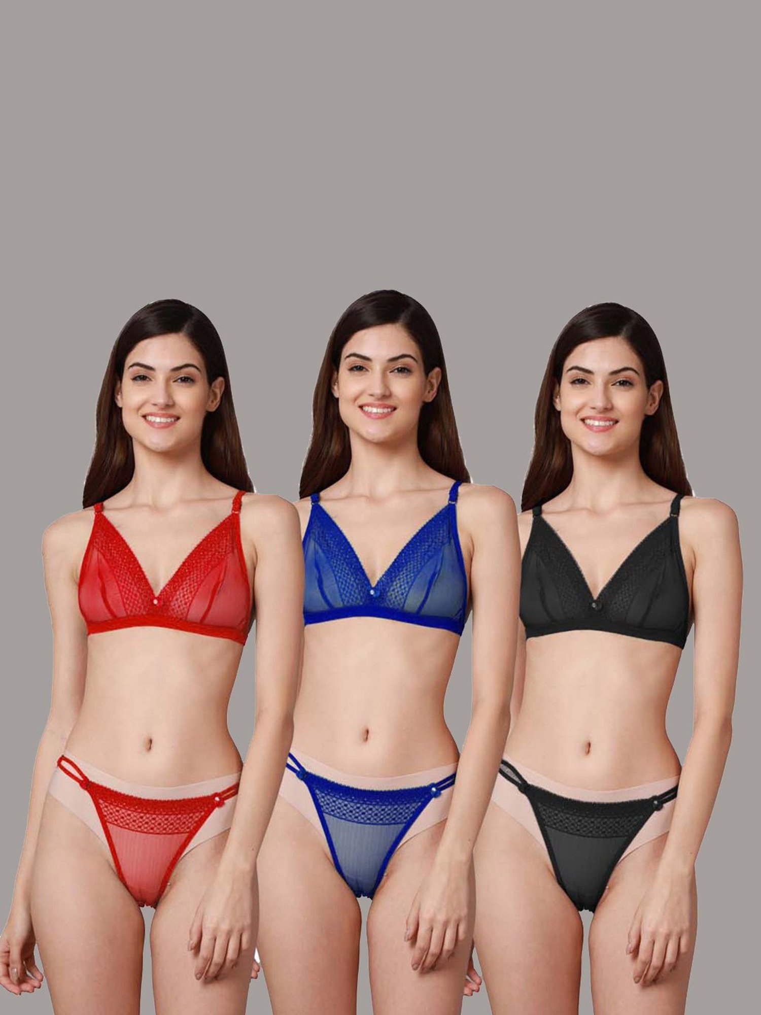 AROUSY Black & Blue Self Pattern Bra Panty Set - Pack Of 3