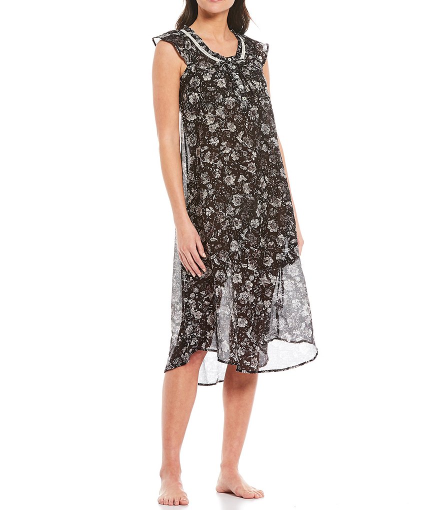 Papinelle Louis Dark Floral Print Woven Flutter Sleeve Nightgown