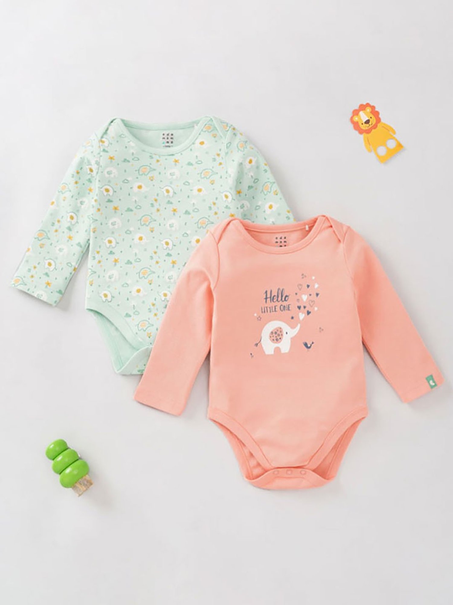 Ed-a-Mamma Baby Peach & Green Printed Full Sleeves Bodysuit (Pack Of 2)