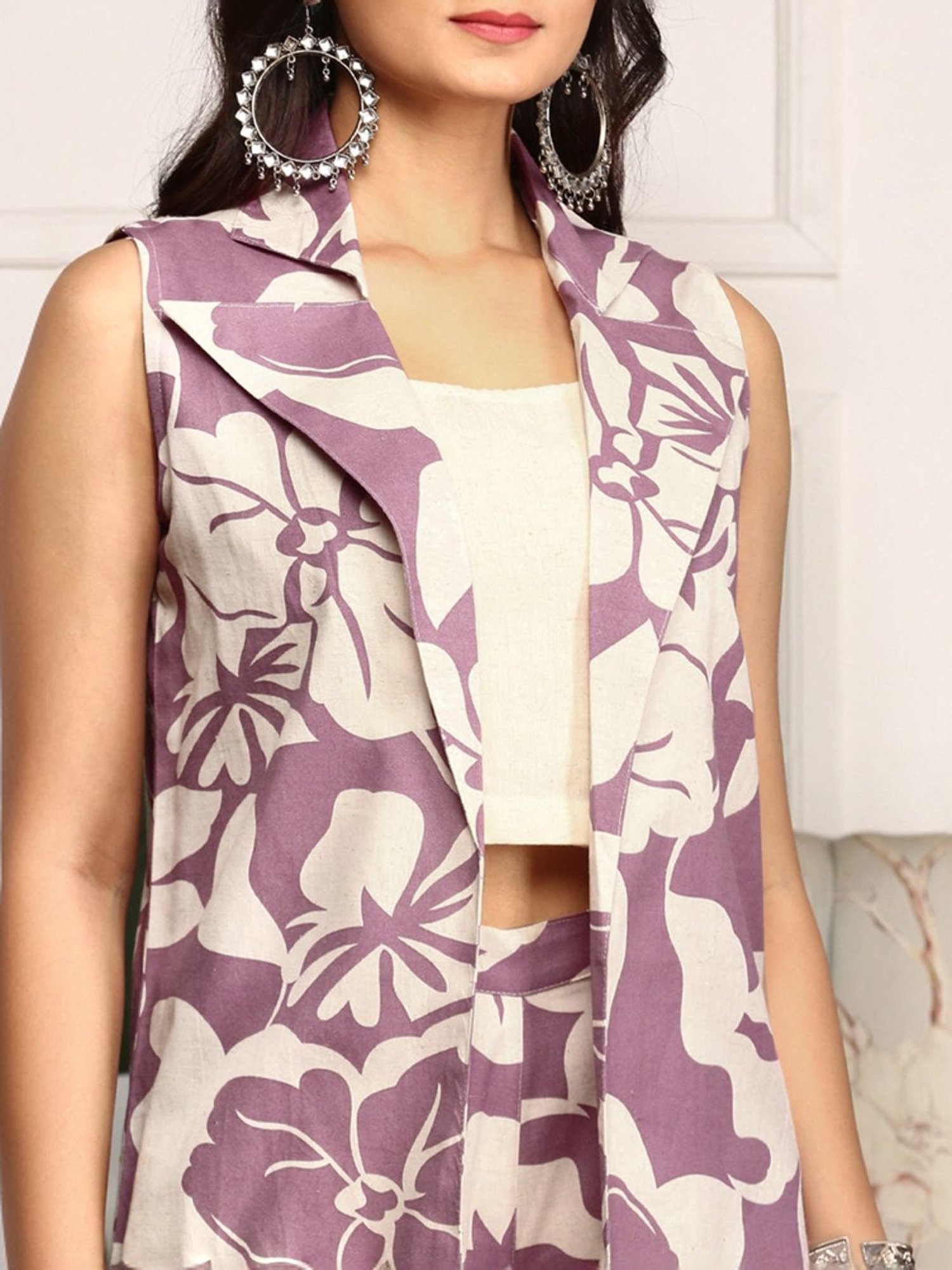 Ishin Purple & White Floral Print Top & Palazzo Set with Jacket