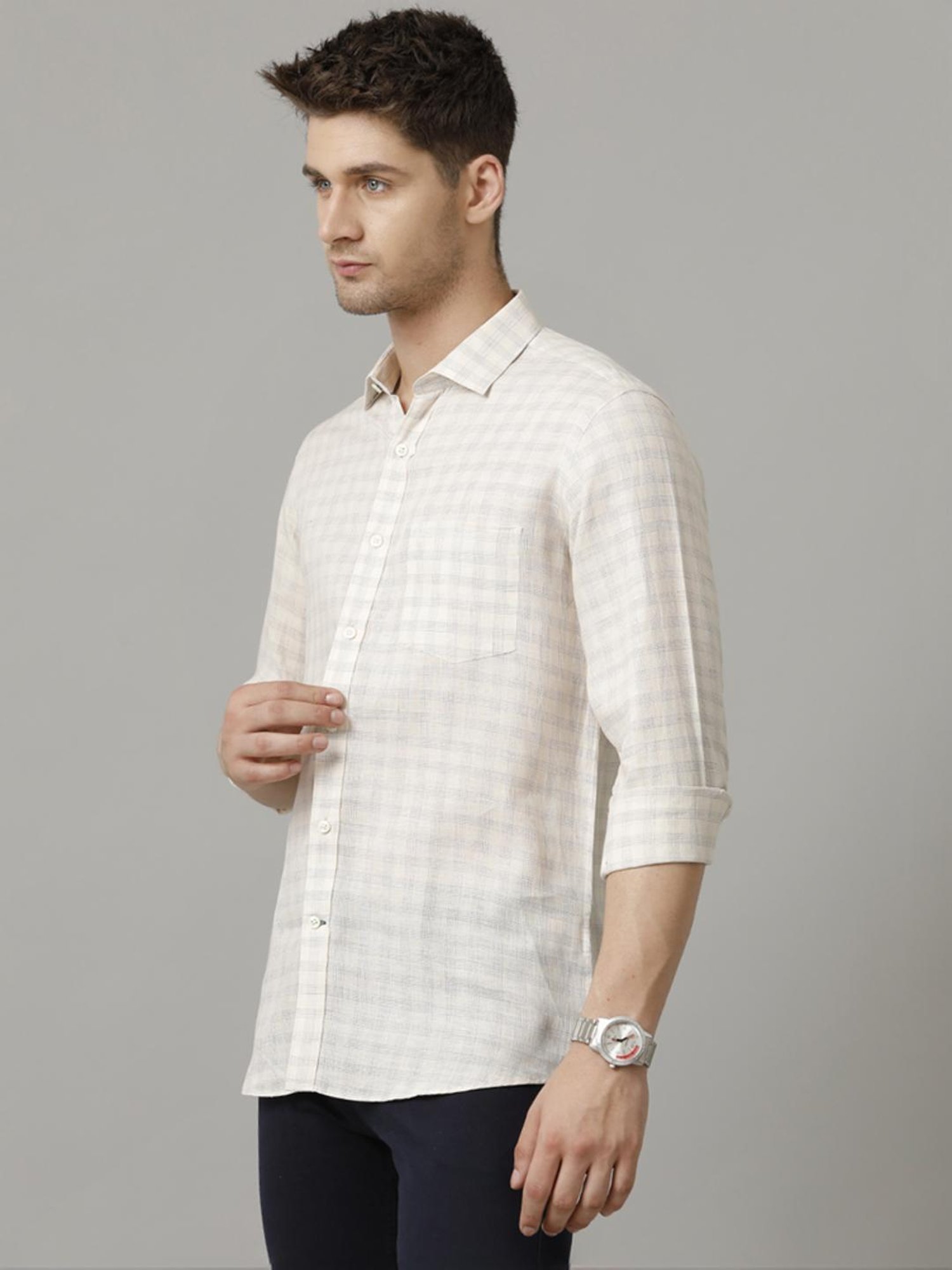 Linen Club Beige Linen Contemporary Fit Checks Shirt
