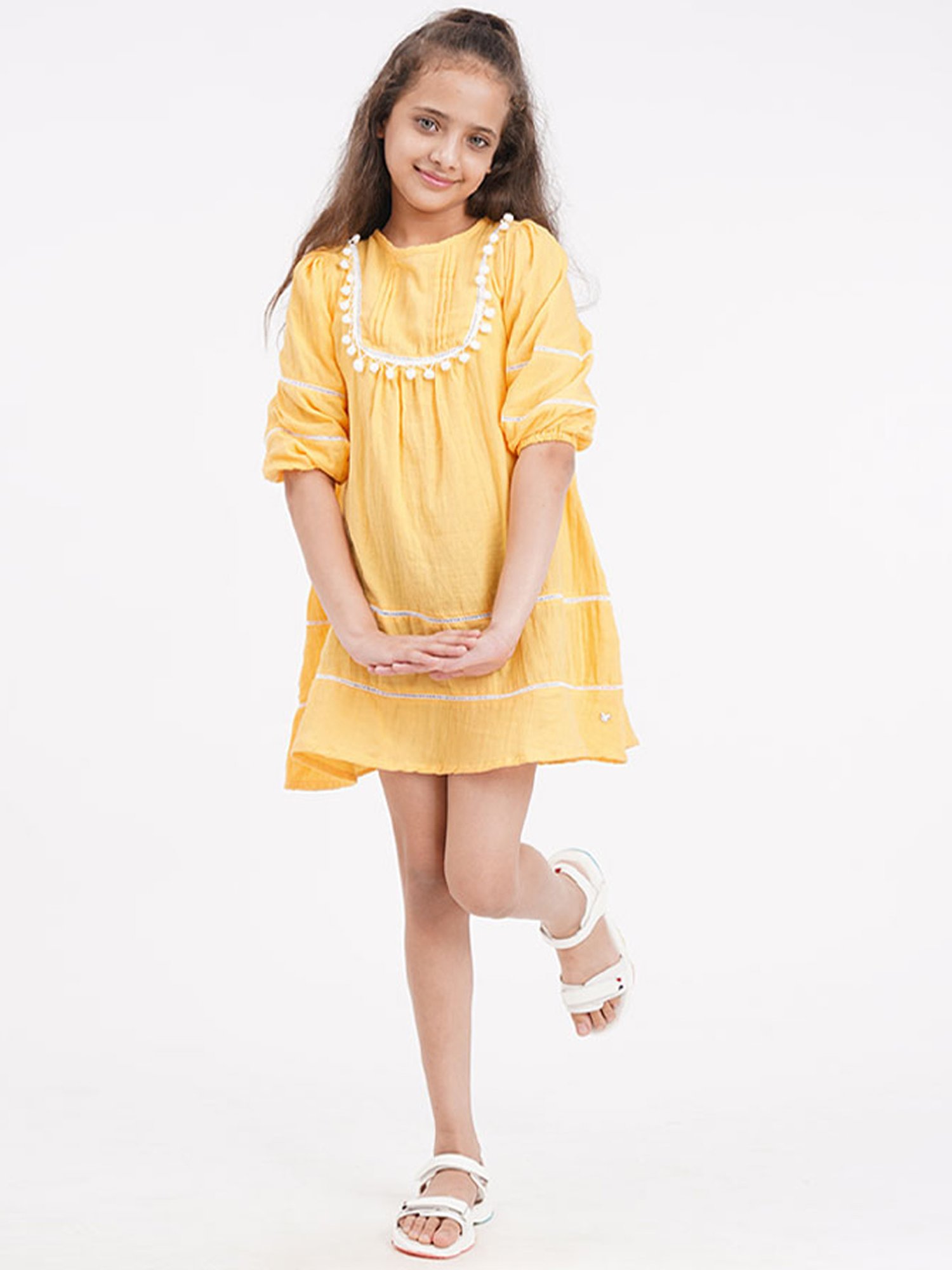 Ed-a-Mamma Kids Yellow Cotton Embroidered Dress