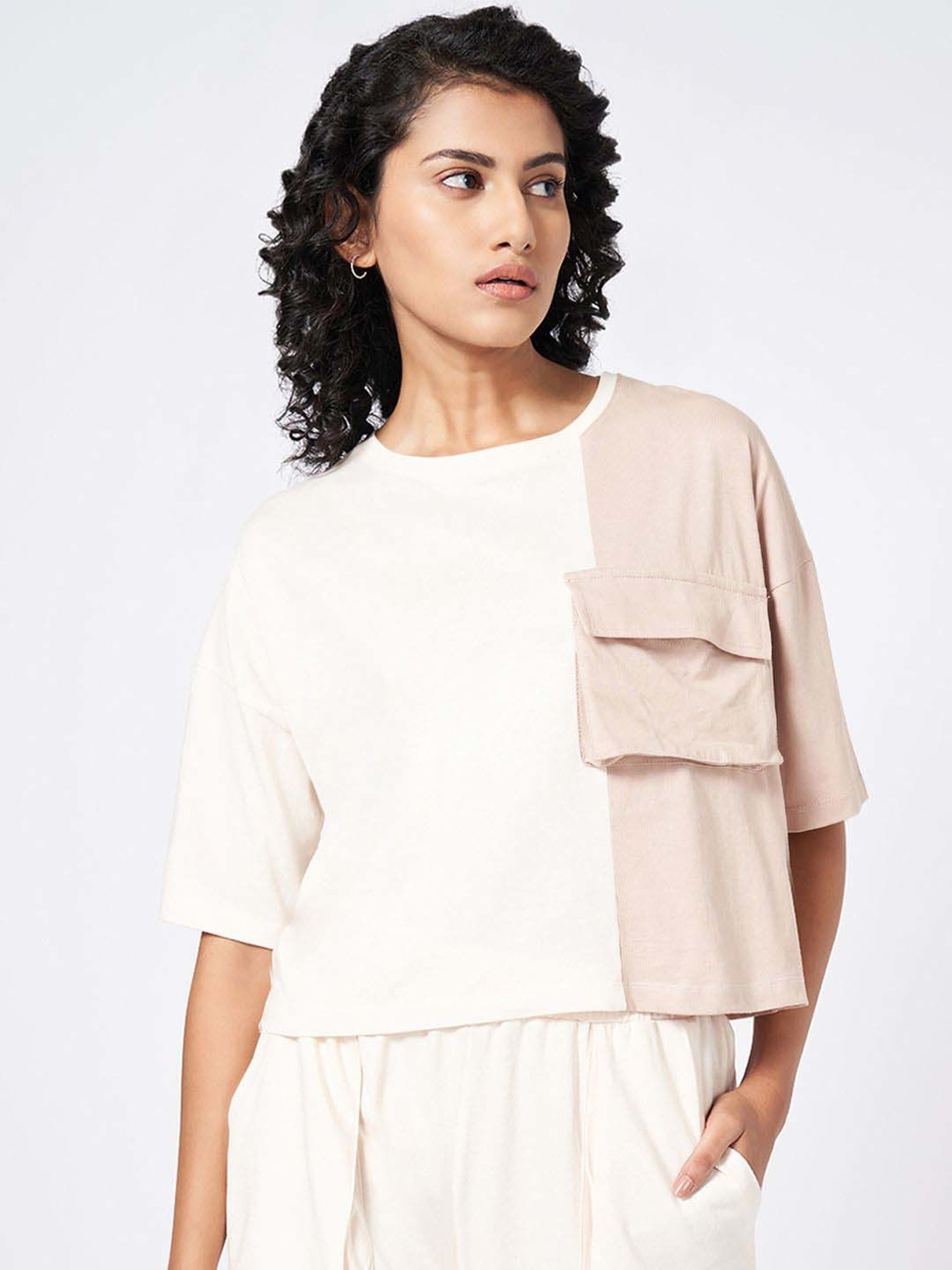 Ajile by Pantaloons White & Pink Cotton Color-Block T-Shirt