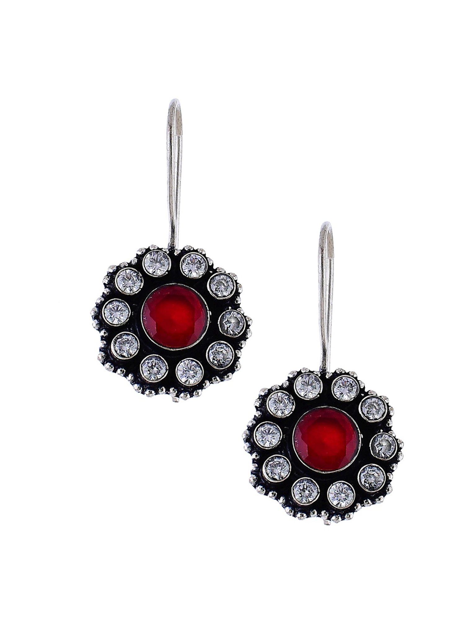Imli Street Red Silver Tone Stone-Studded Handcrafted Drop Earrings