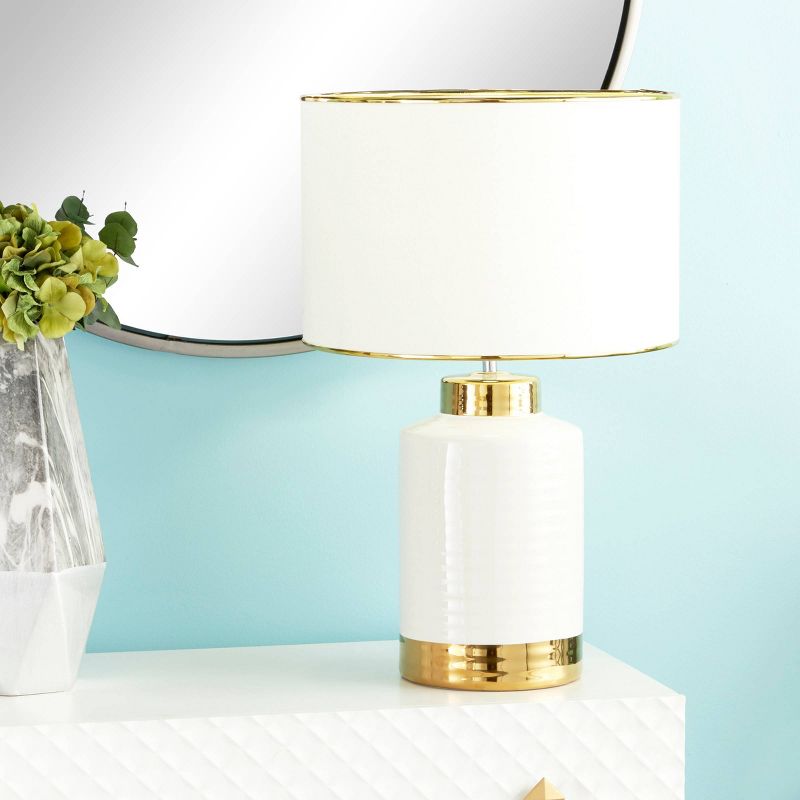 15" x 24" Large Contemporary Style Round Ceramic Table Lamp with Metallic Trim White/Gold - CosmoLiving by Cosmopolitan