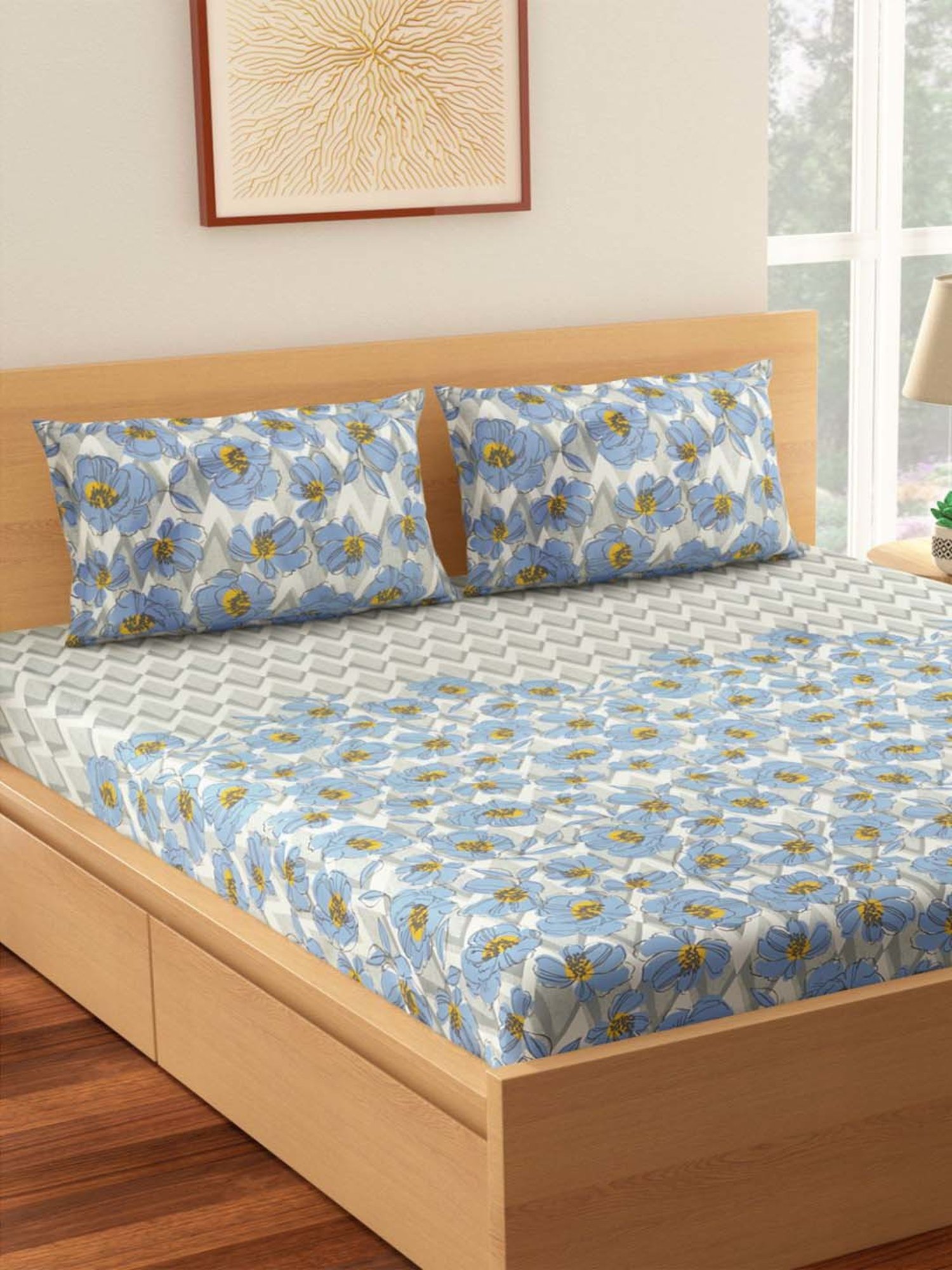 Living Scapes by Pantaloons Blue Cotton 210 TC King Bed Sheet with 2 Pillow Covers