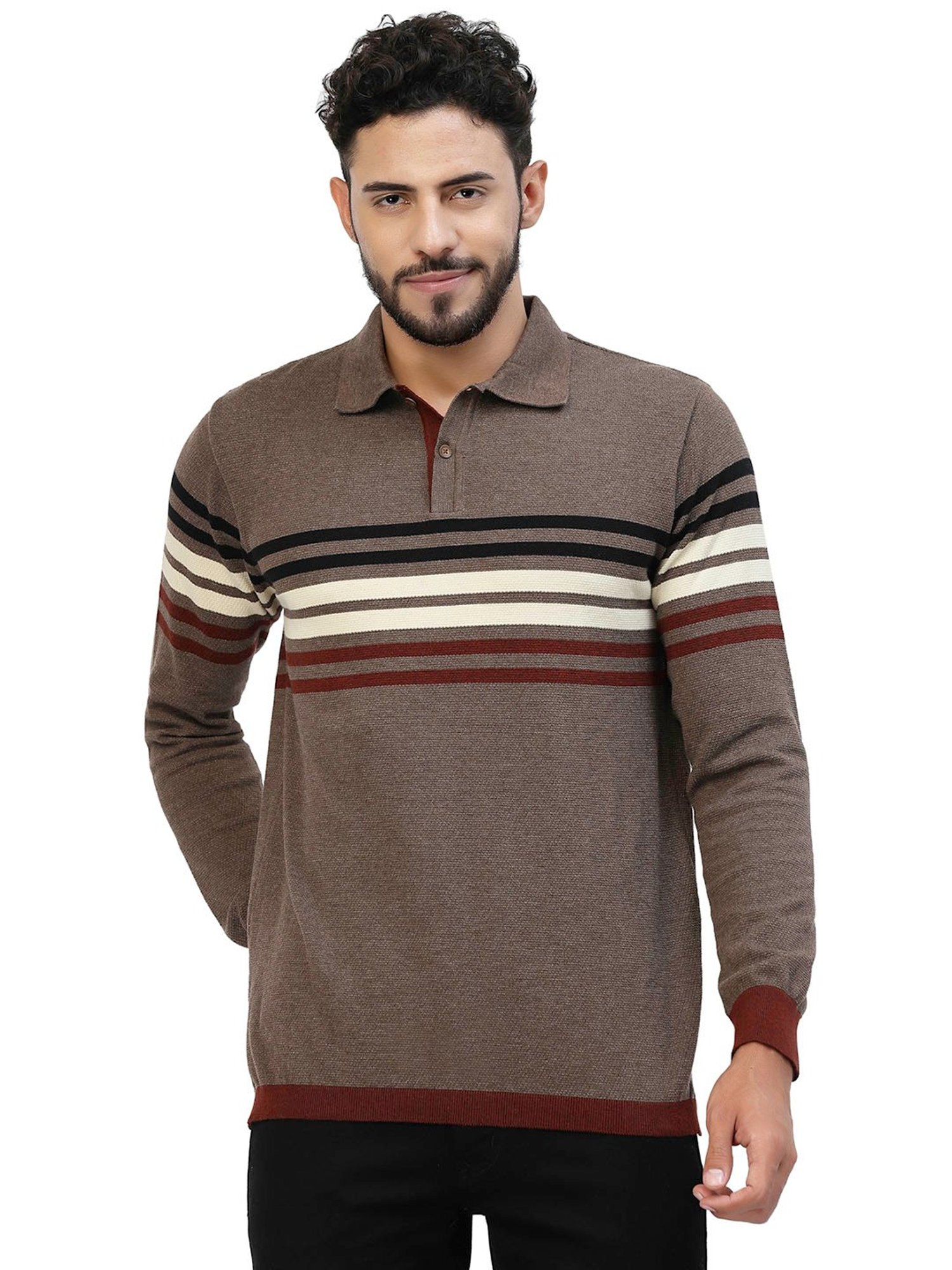 Kalt Brown Regular Fit Striped Polo T-Shirt