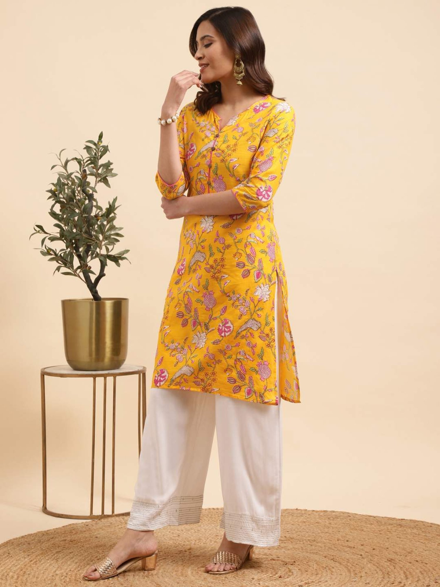 Rangita Yellow & White Cotton Floral Print Kurta Palazzo Set