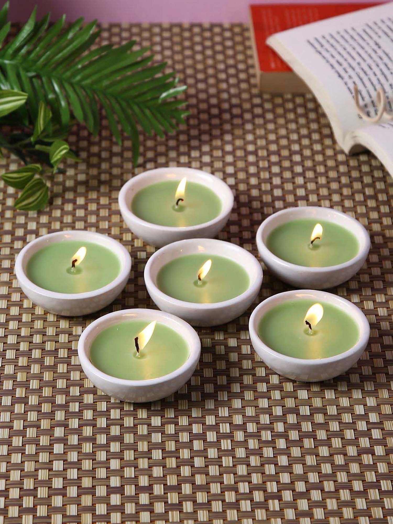 HOSLEY Green & White Ceramic Scented Diya - Set of 6