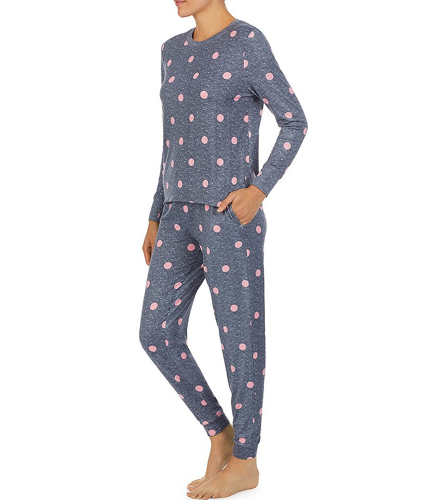 Jane & Bleecker New York Dot Print Cozy Jersey Knit Crew Neck Long Sleeve Jogger Coordinating Pajama Set
