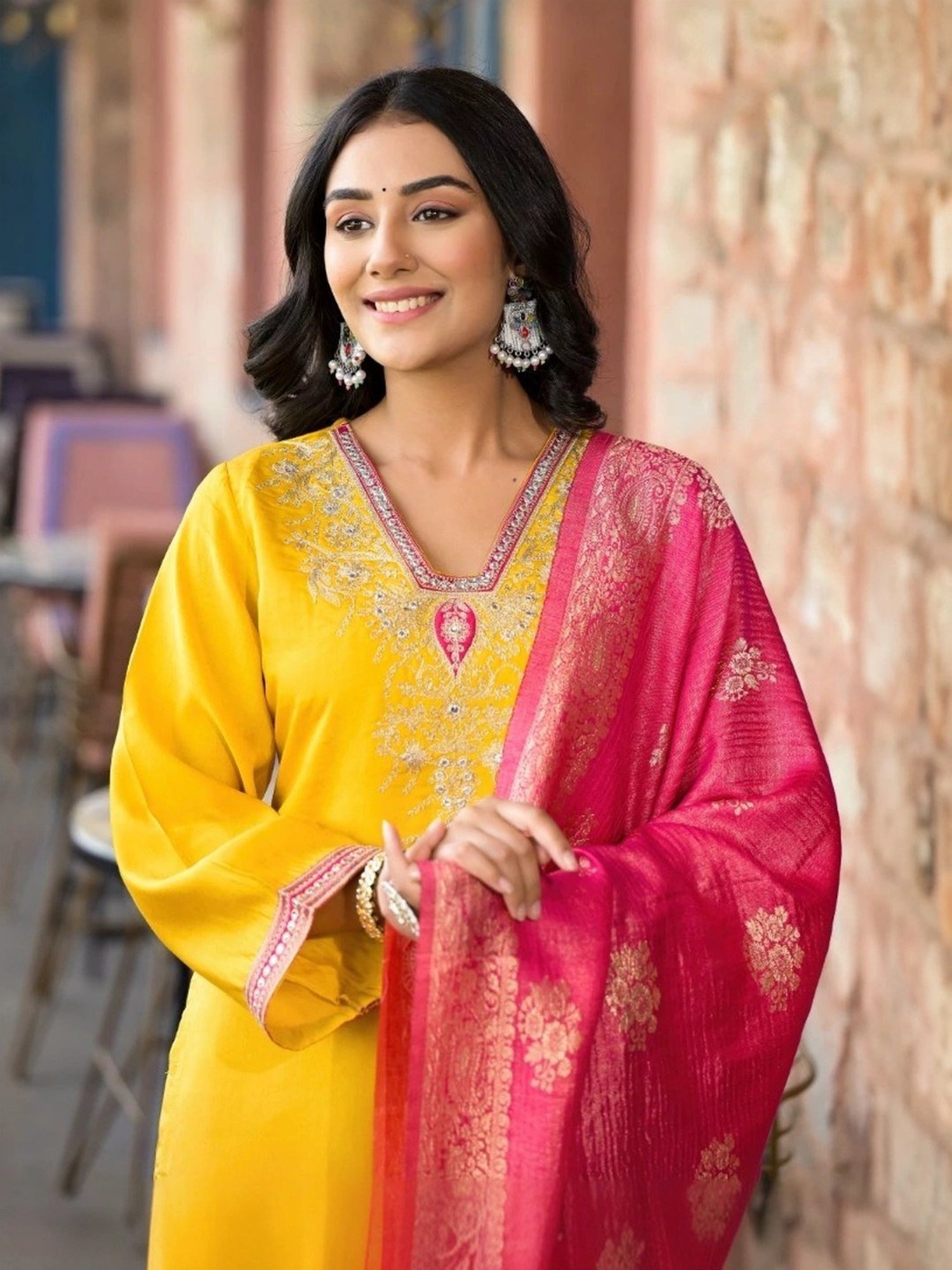 Juniper Yellow Embroidered Kurta Pant Set With Dupatta