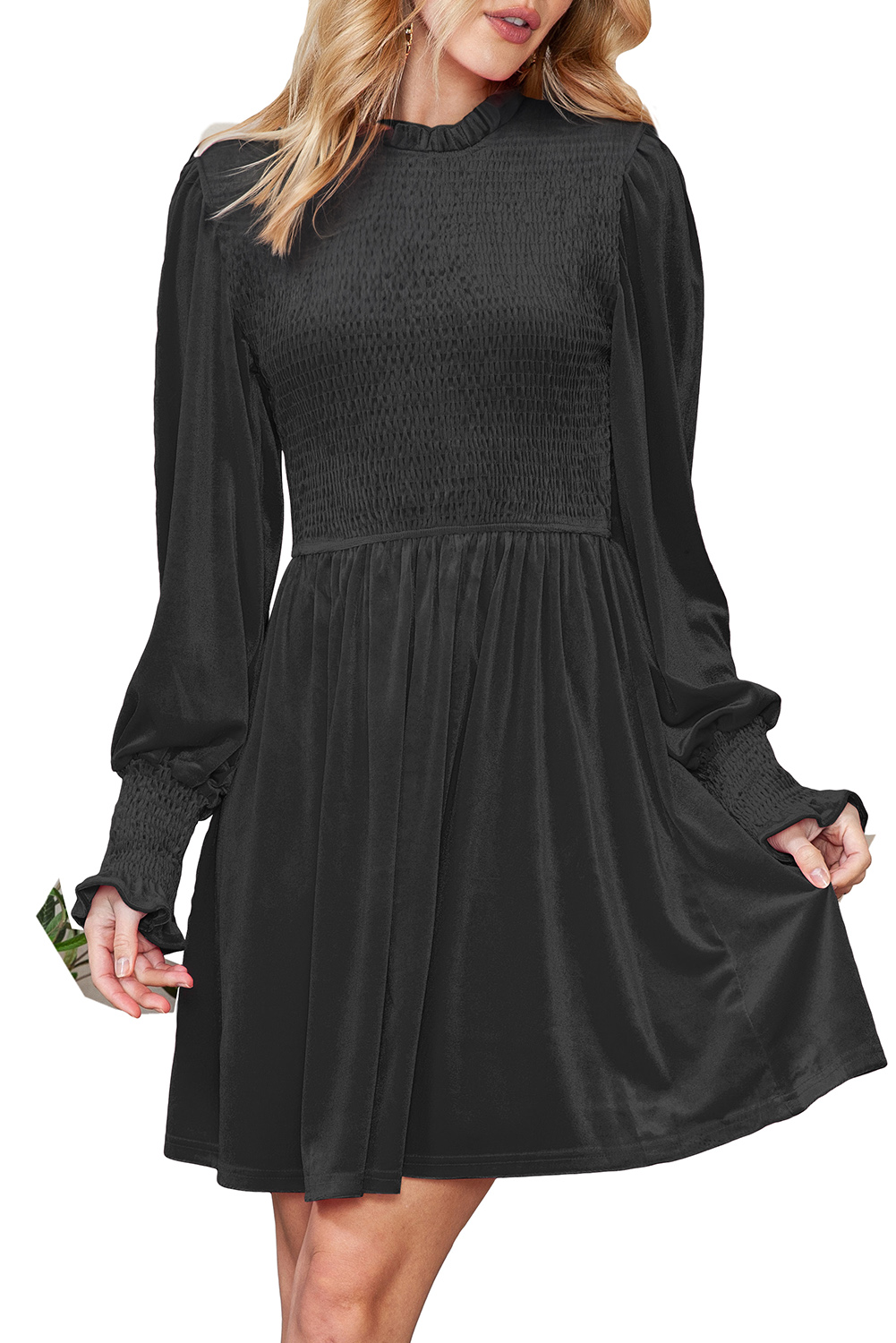 Black Smocked Lantern Sleeve Frilled Velvet Dress