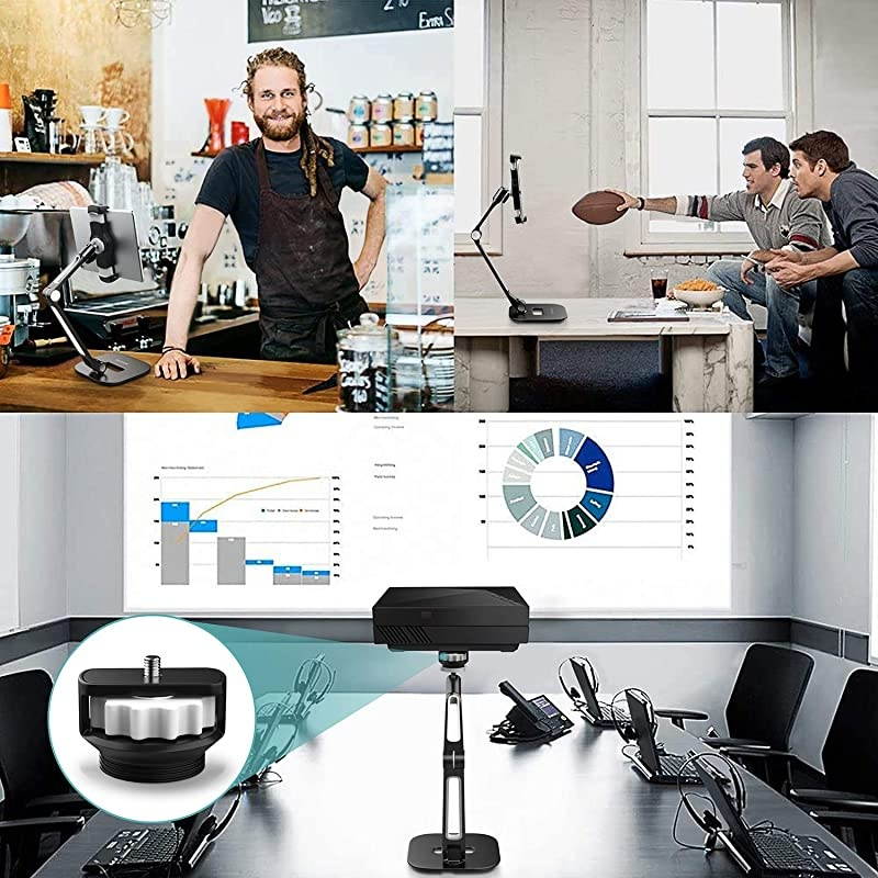 Long Arm Aluminum Tablet Stand, Folding iPad Stand with 360&deg; Swivel iPhone Clamp Mount Holder, Fits 4-11" Display Tablet/Phones for Kitchen Table Bedside Office Desk POS Kiosk Reception