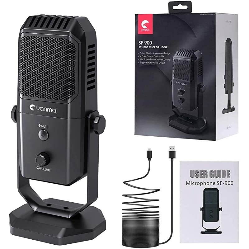 Microphone Condenser for Recording Streaming Podcasts on PC Mac Computer, Four Polar Patterns, Headphone Output, Volume & Mic Gain Control, Mute Button Plug & Play for Gaming YouTube Twitch
