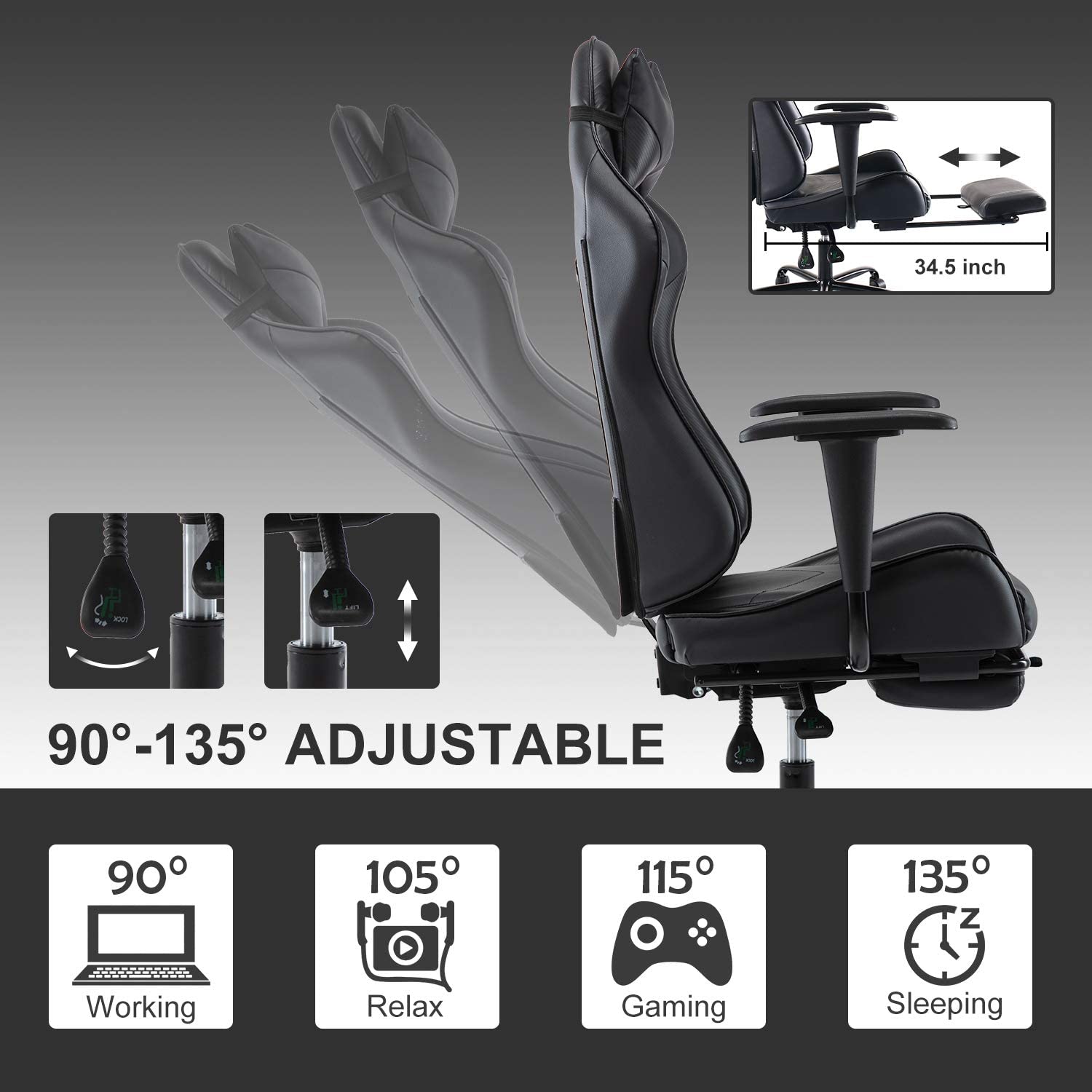 SMUGDESK Gaming Chair with Footrest Racing Style Ergonomic Office Desk Chair Adjustable Swivel Leather High Back Computer Chair with Headrest and Lumbar Support (Black)