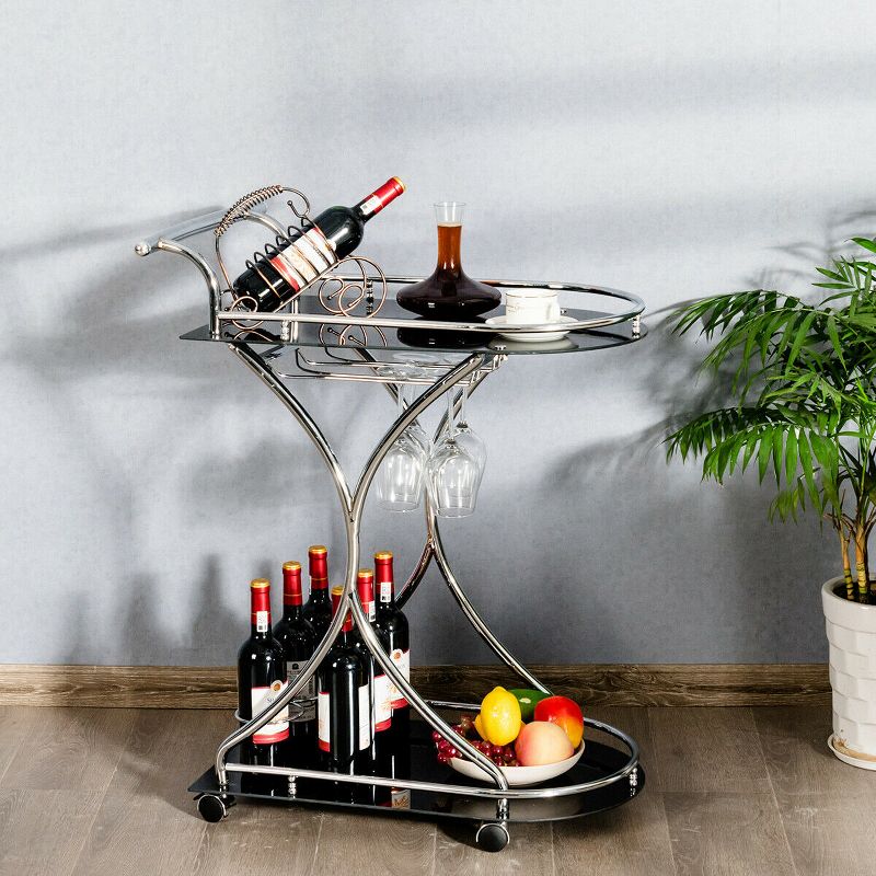 Costway Serving Cart Kitchen Bar Wine Cart 2 Tier Glass Shelves and Metal Frame w/Wheels