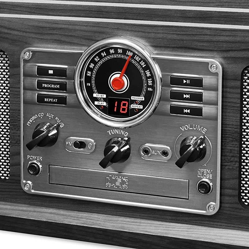 Nostalgic Classic Wood 6in1 Bluetooth Turntable Entertainment Center Graphite VTA200B GH