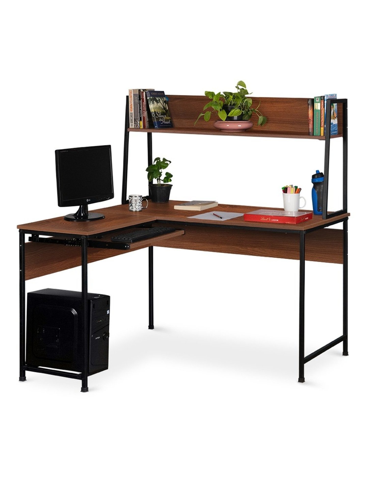 Delite Kom Falcon Acacia Dark Black Metal L-shaped Computer Desk