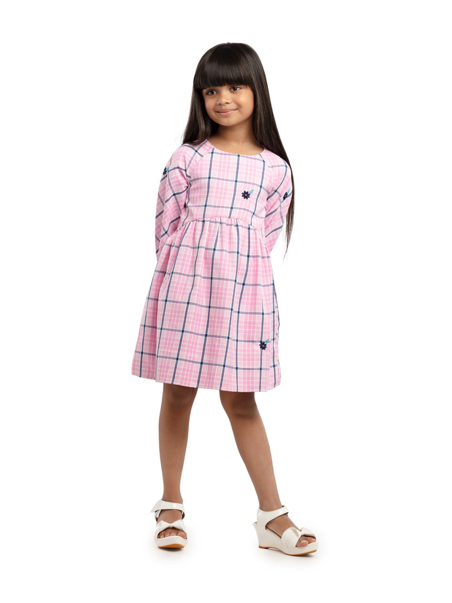 Under Fourteen Only Kids Pink Cotton Chequered Full Sleeves Dress