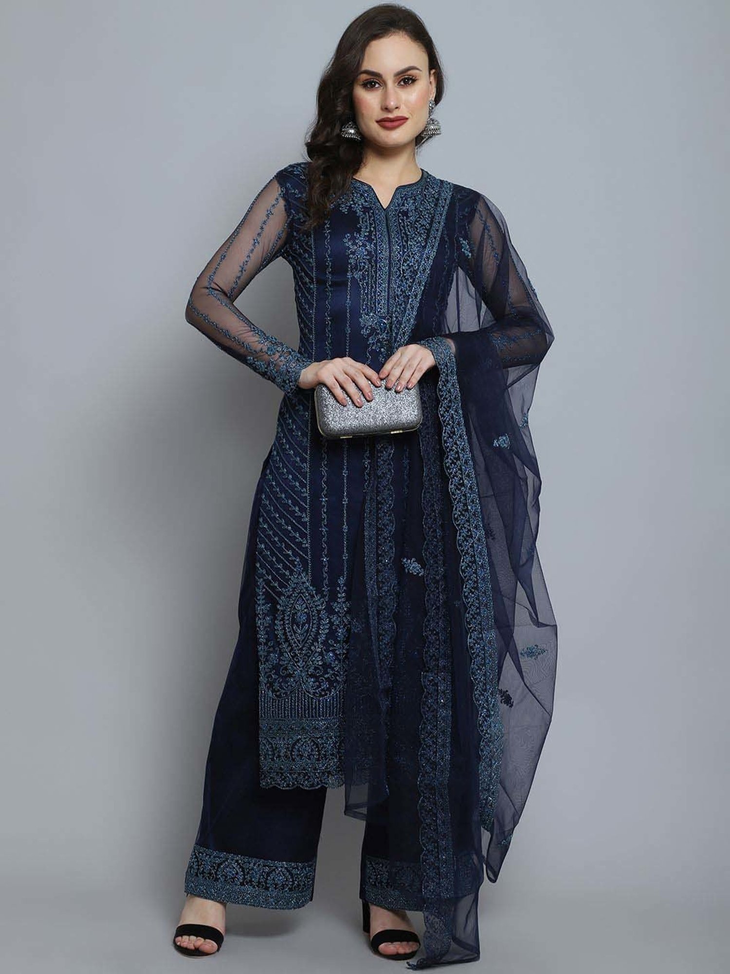 Stylee LIFESTYLE Navy Embroidered Unstitched Dress Material