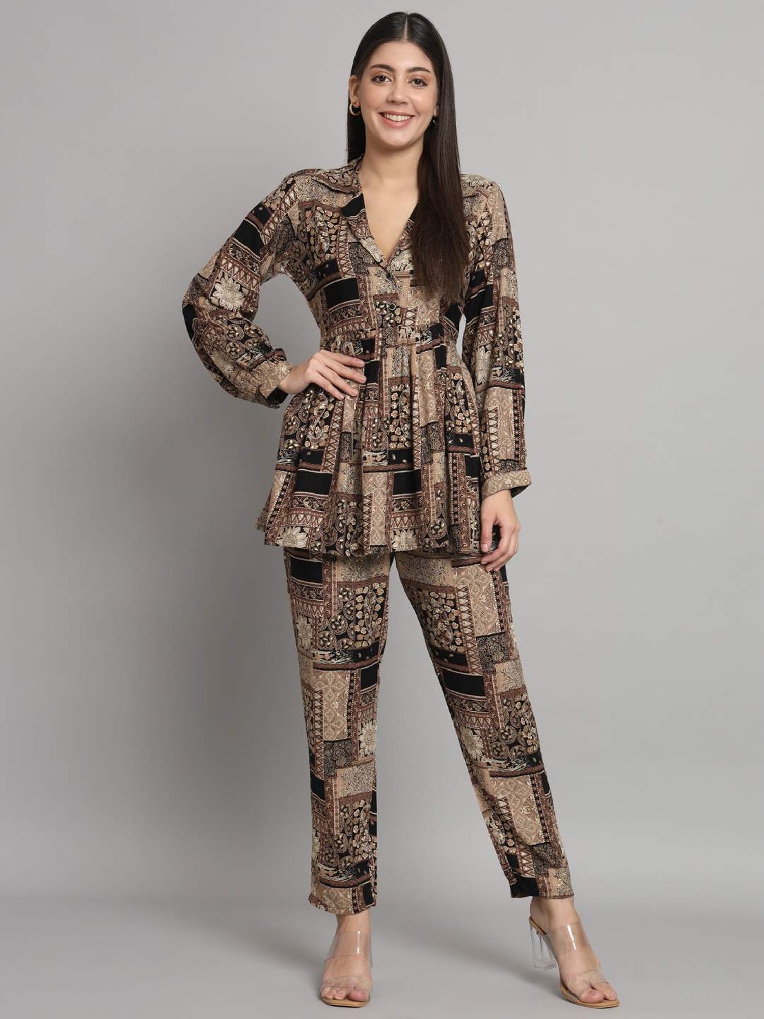 READIPRINT FASHIONS Black & Beige Printed Top Pant Set