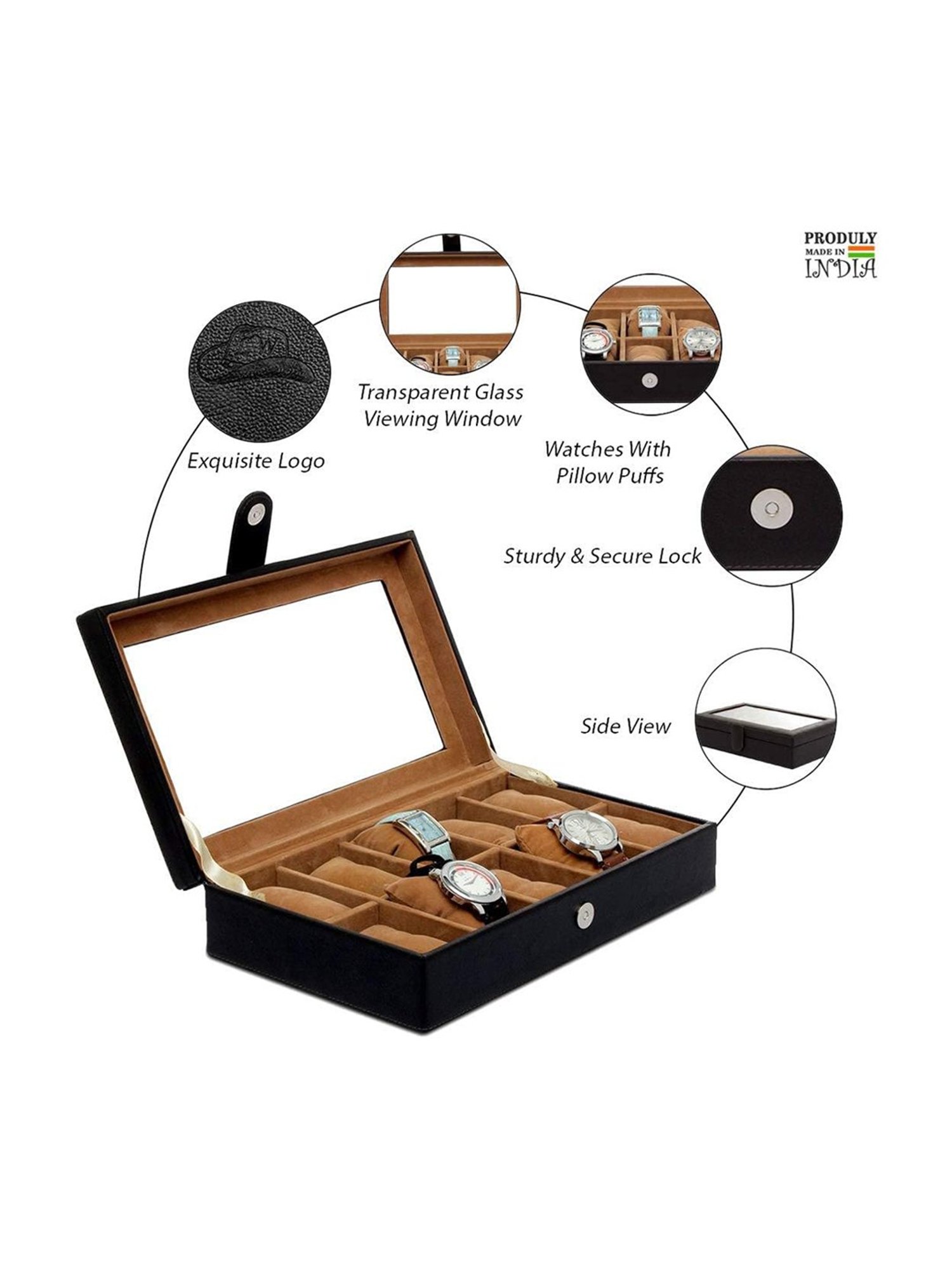 Leather World Black Watch Box Holder Organizer Case in 10 Slots